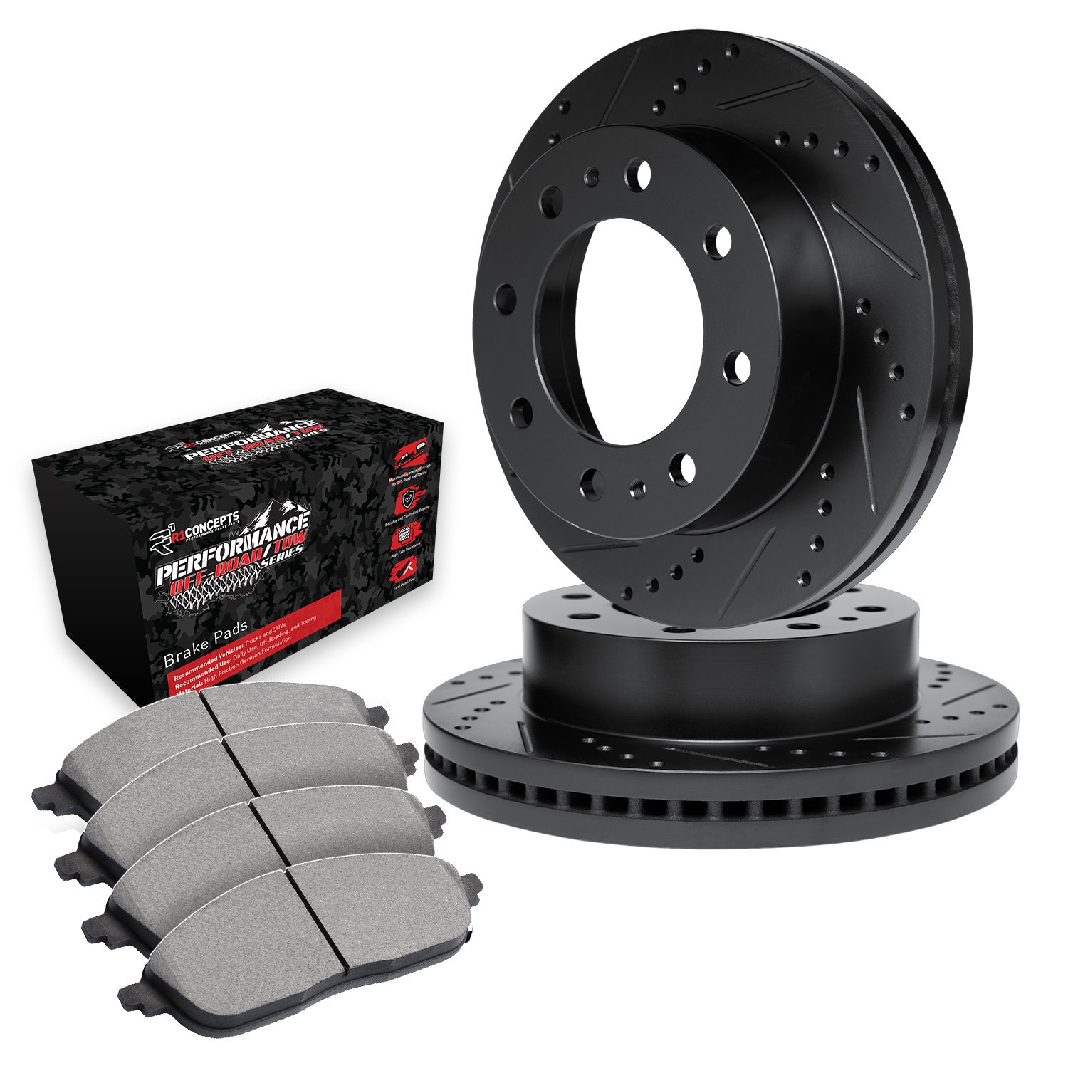 E-Line Drilled & Slotted Black Brake Rotor Set w/Performance Off-Road/Tow Pads, 1994-1999 Mopar, Position: Front