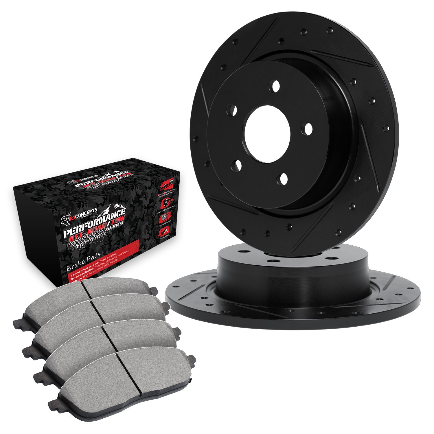 E-Line Drilled & Slotted Black Brake Rotor Set w/Performance Off-Road/Tow Pads, 2005-2010 Mopar, Position: Rear