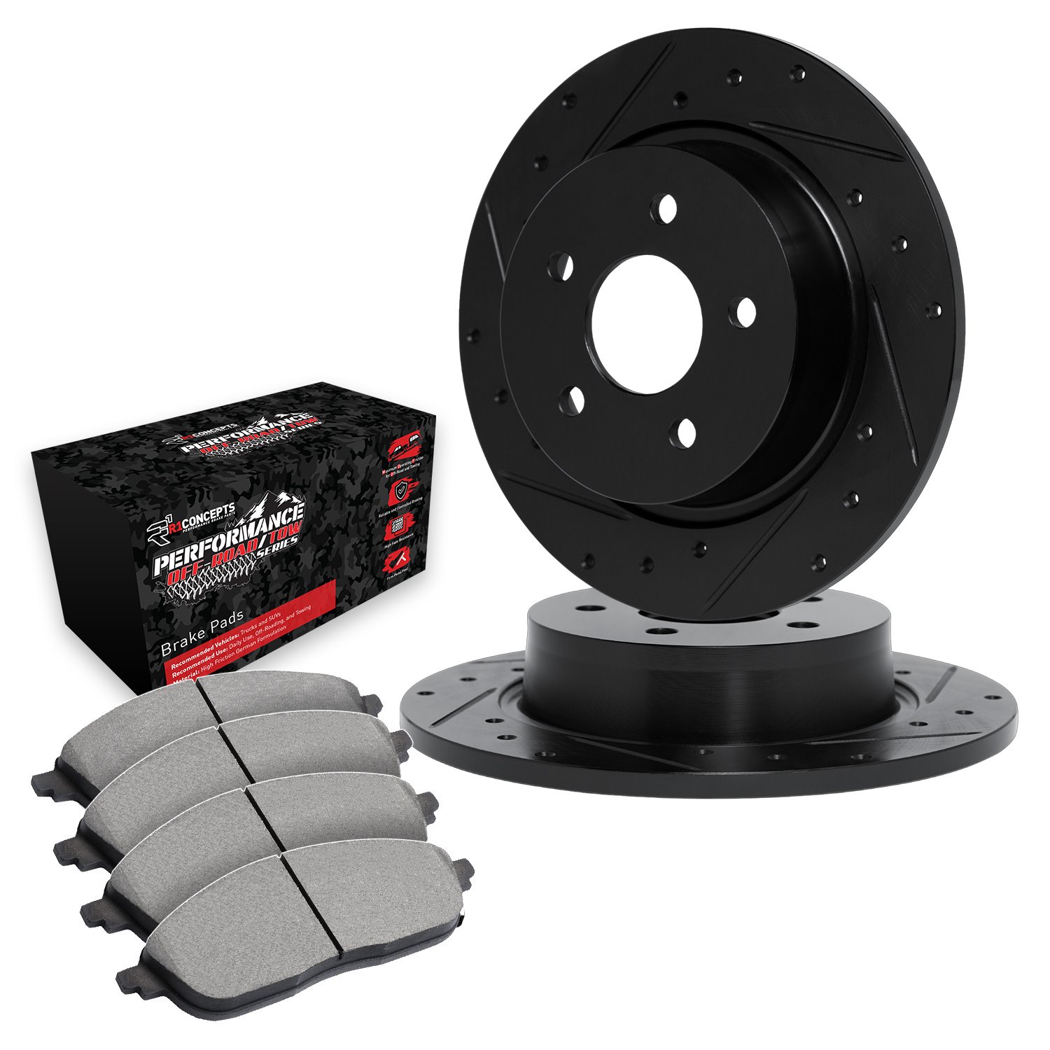 E-Line Drilled & Slotted Black Brake Rotor Set w/Performance Off-Road/Tow Pads, Fits Select Mopar, Position: Rear