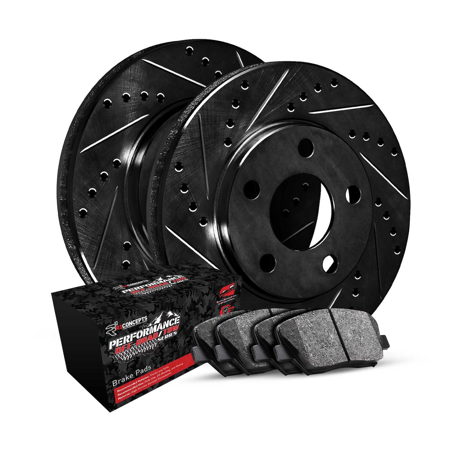 E-Line Drilled & Slotted Black Brake Rotor Set w/Performance Off-Road/Tow Pads, Fits Select Mopar, Position: Front