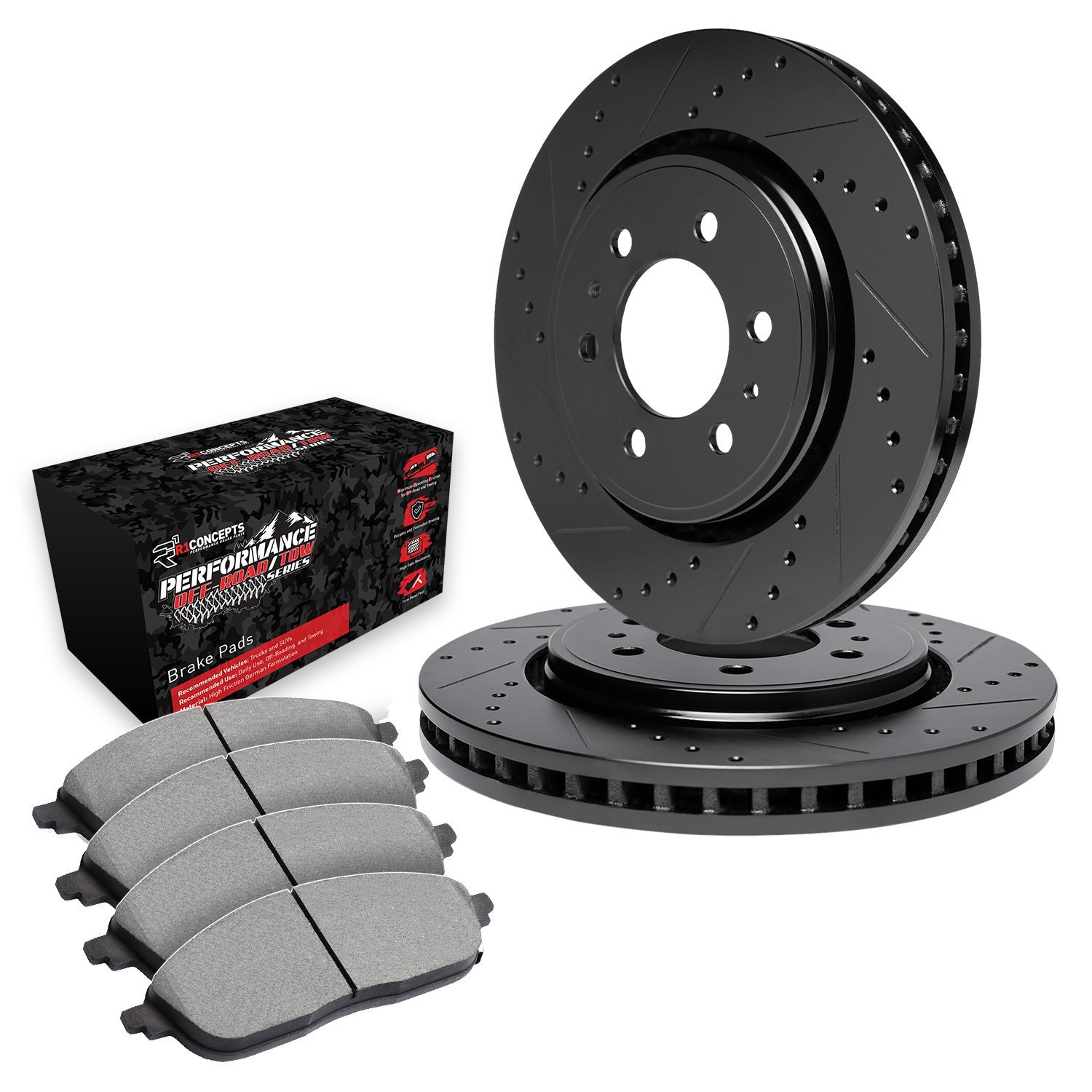 E-Line Drilled & Slotted Black Brake Rotor Set w/Performance Off-Road/Tow Pads, 2005-2020 GM, Position: Front