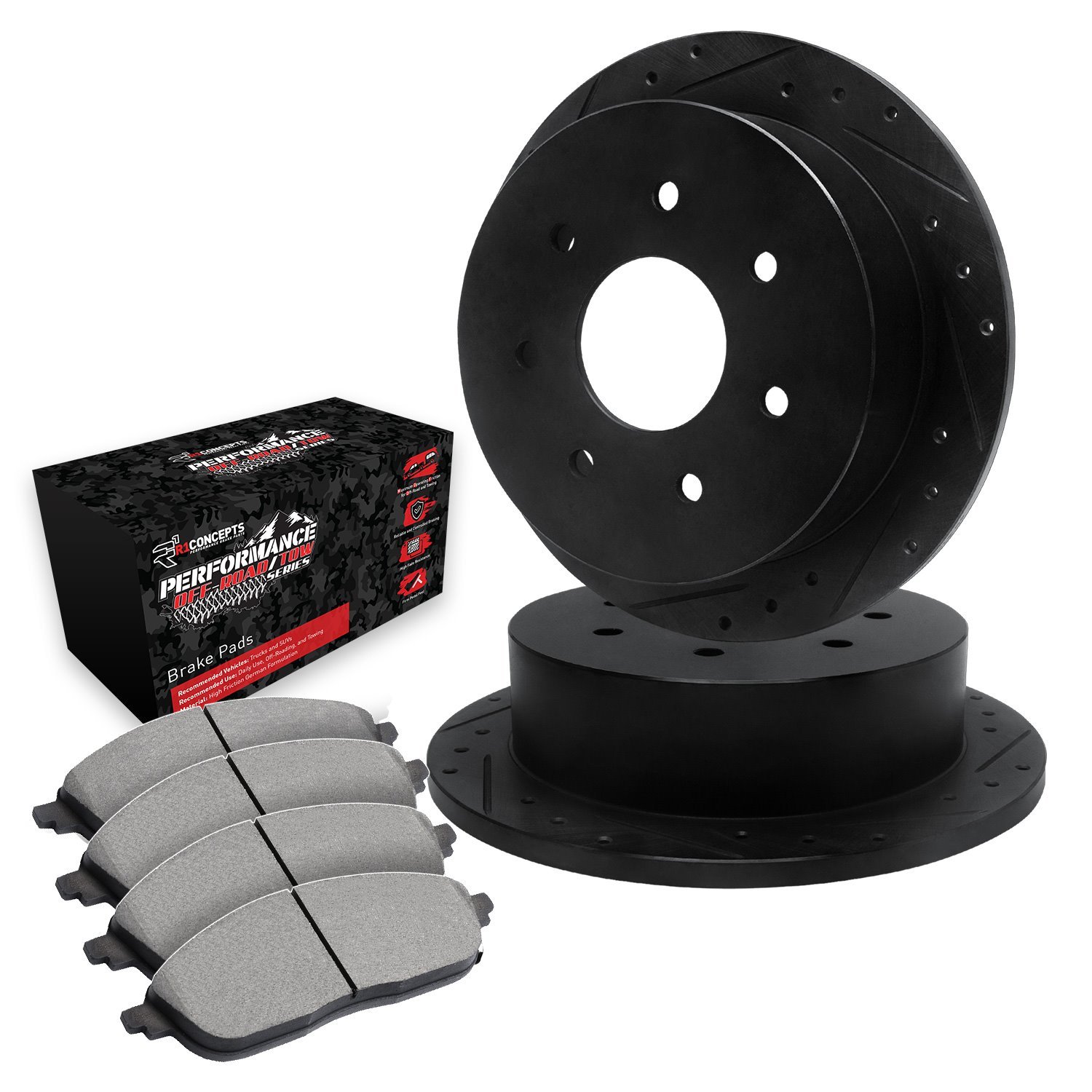 E-Line Drilled & Slotted Black Brake Rotor Set w/Performance Off-Road/Tow Pads, 1997-2004 Ford/Lincoln/Mercury/Mazda