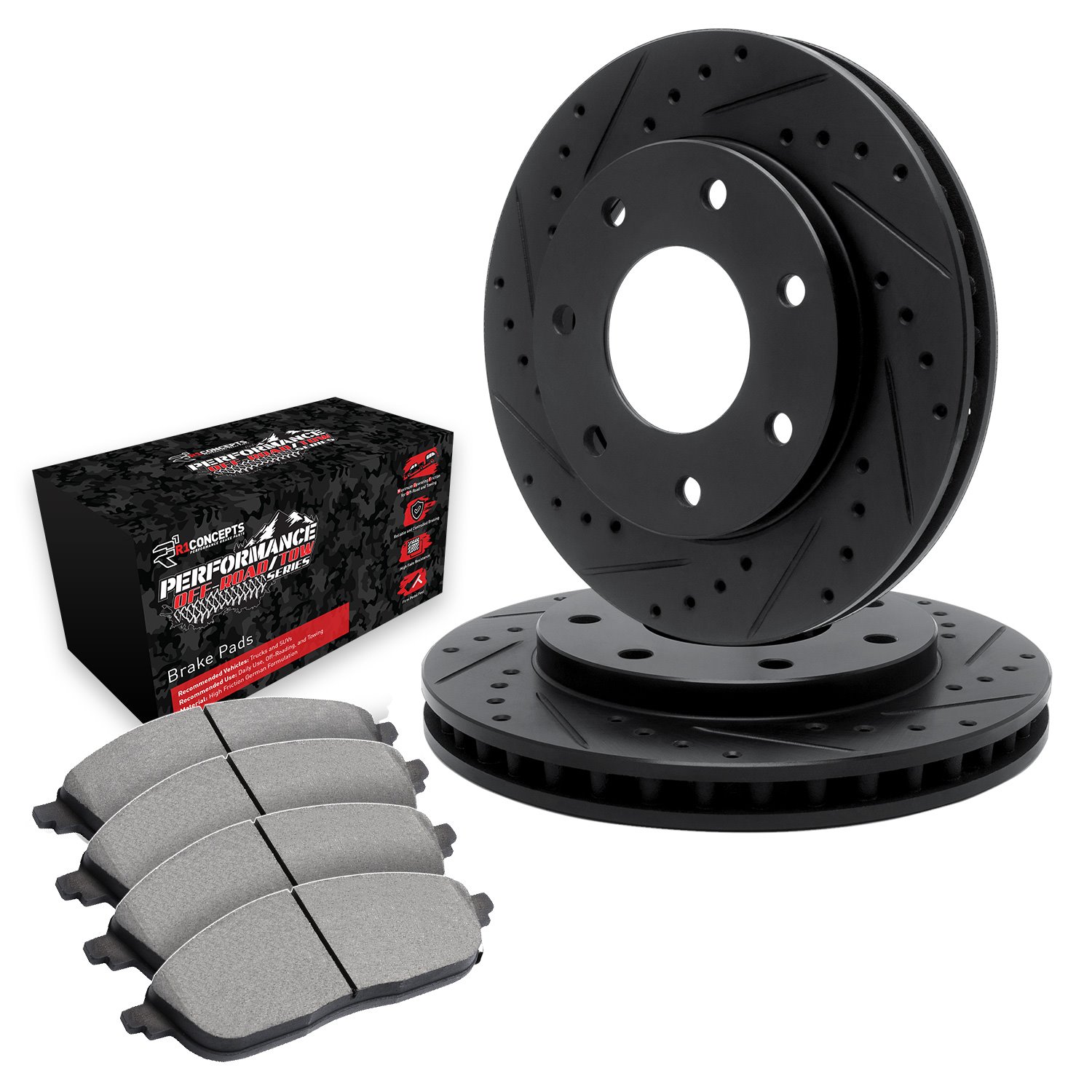 E-Line Drilled & Slotted Black Brake Rotor Set w/Performance Off-Road/Tow Pads, 2004-2008 Ford/Lincoln/Mercury/Mazda