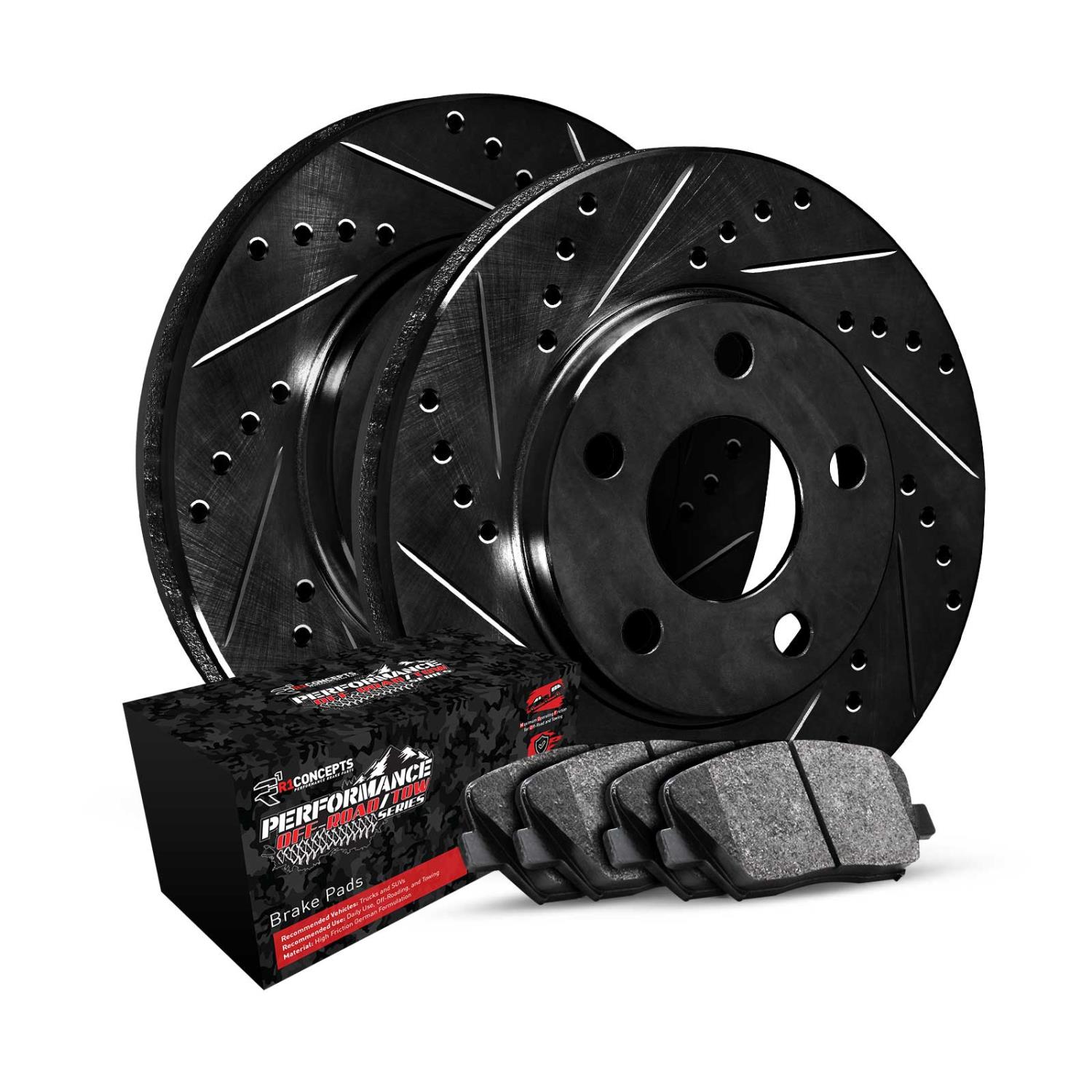 E-Line Drilled & Slotted Black Brake Rotor Set w/Performance Off-Road/Tow Pads, Fits Select Infiniti/Nissan, Position: Rear