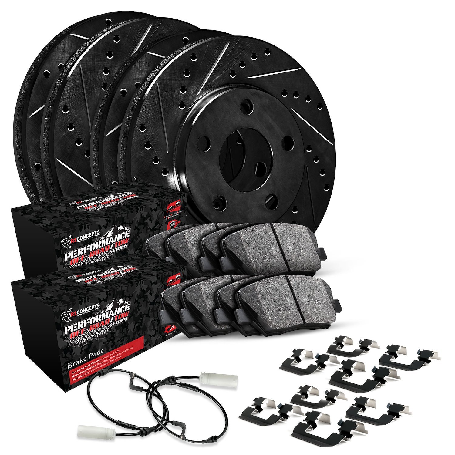 E-Line Drilled & Slotted Black Brake Rotor Set w/Performance Off-Road/Tow Pads, Sensor, & Hardware, Fits Select GM