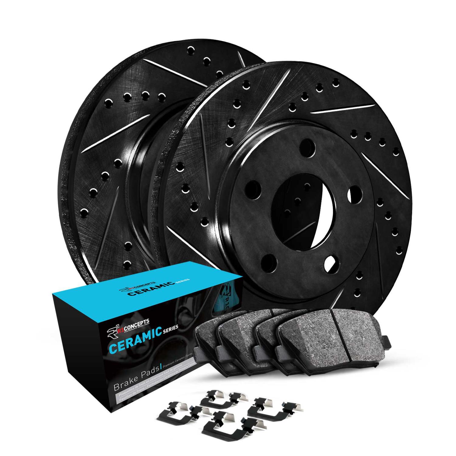 E-Line Drilled & Slotted Black Brake Rotor w/Ceramic Pads & Hardware, Fits Select Subaru, Position: Front