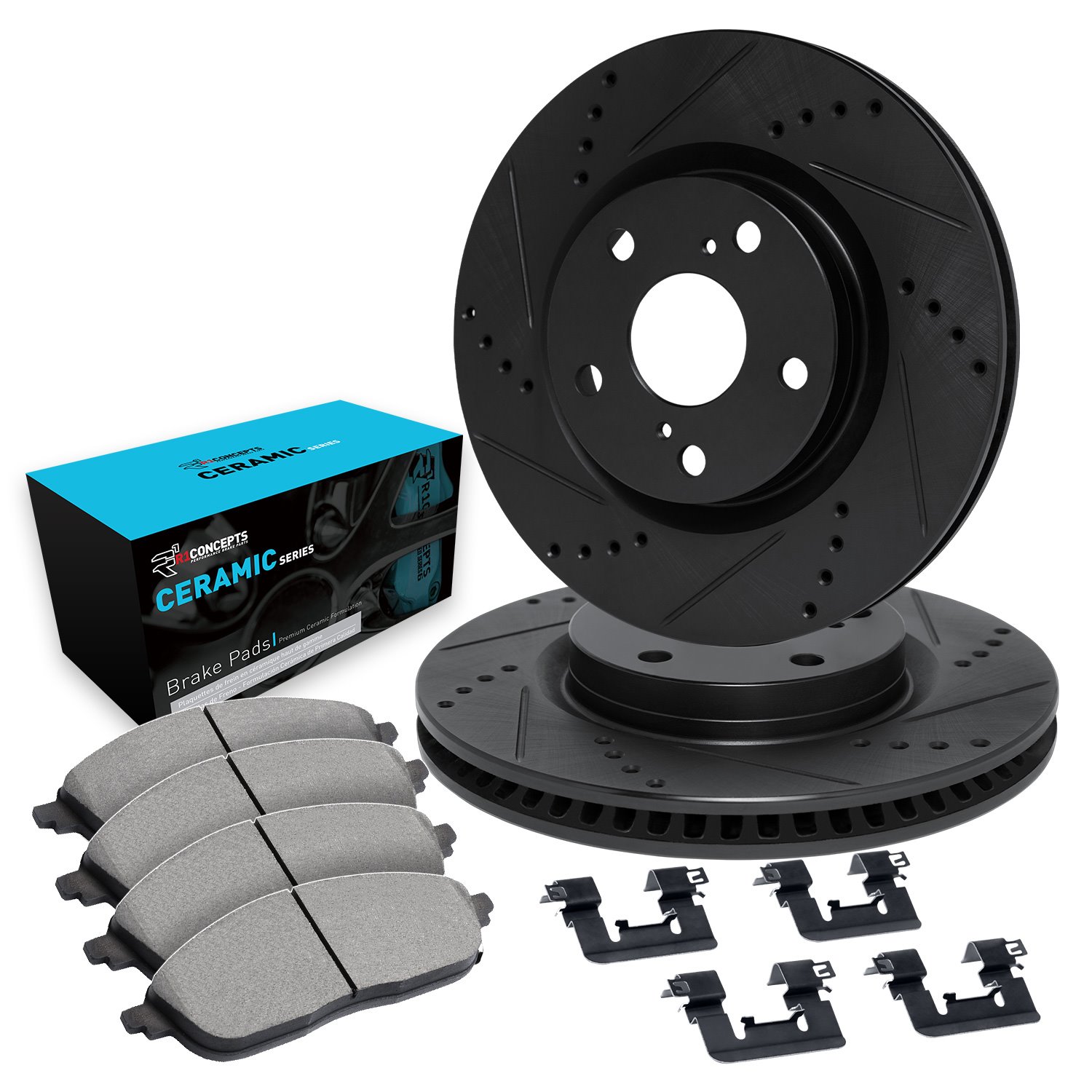 E-Line Drilled & Slotted Black Brake Rotor Set w/Ceramic Pads & Hardware, 1994-1995 Ford/Lincoln/Mercury/Mazda, Position: Front