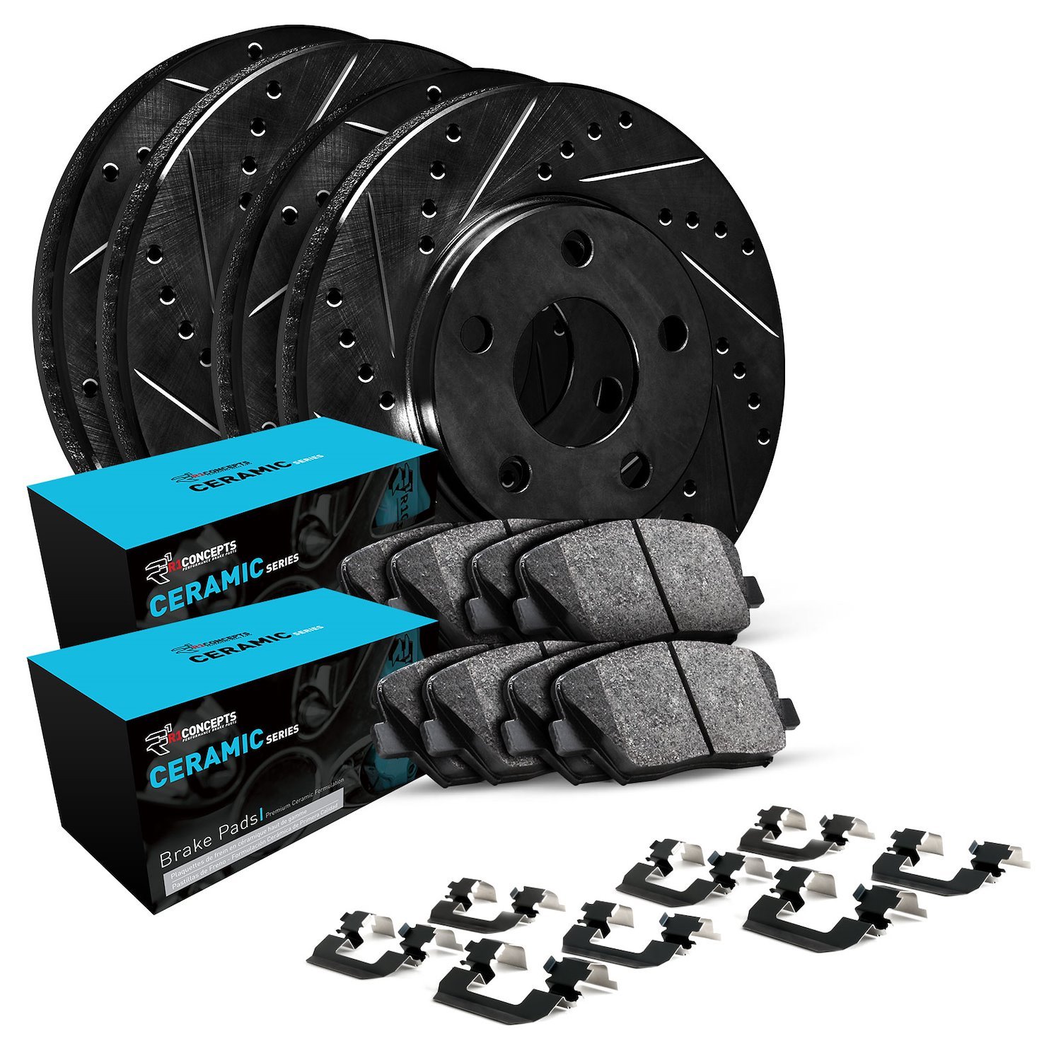 E-Line Drilled & Slotted Black Brake Rotor w/Ceramic Pads & Hardware, 2012-2019 Mopar, Position: Front & Rear