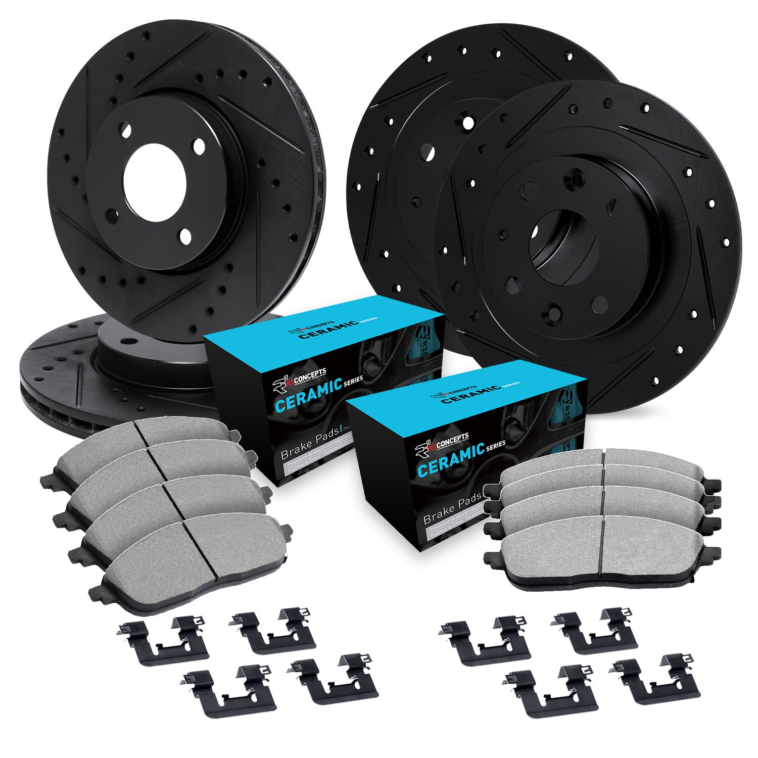 E-Line Drilled & Slotted Black Brake Rotor Set w/Ceramic Pads & Hardware, 1998-1998 Mitsubishi, Position: Front & Rear