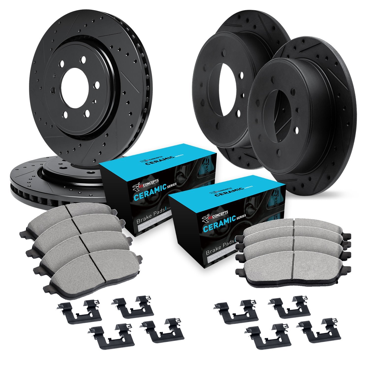 E-Line Drilled & Slotted Black Brake Rotor Set w/Ceramic Pads & Hardware, 1998-2000 Mitsubishi, Position: Front & Rear