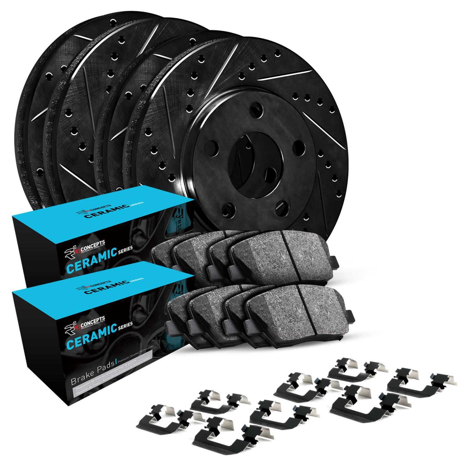 E-Line Drilled & Slotted Black Brake Rotor Set w/Ceramic Pads & Hardware, Fits Select Lexus/Toyota/Scion, Position: Front & Rear