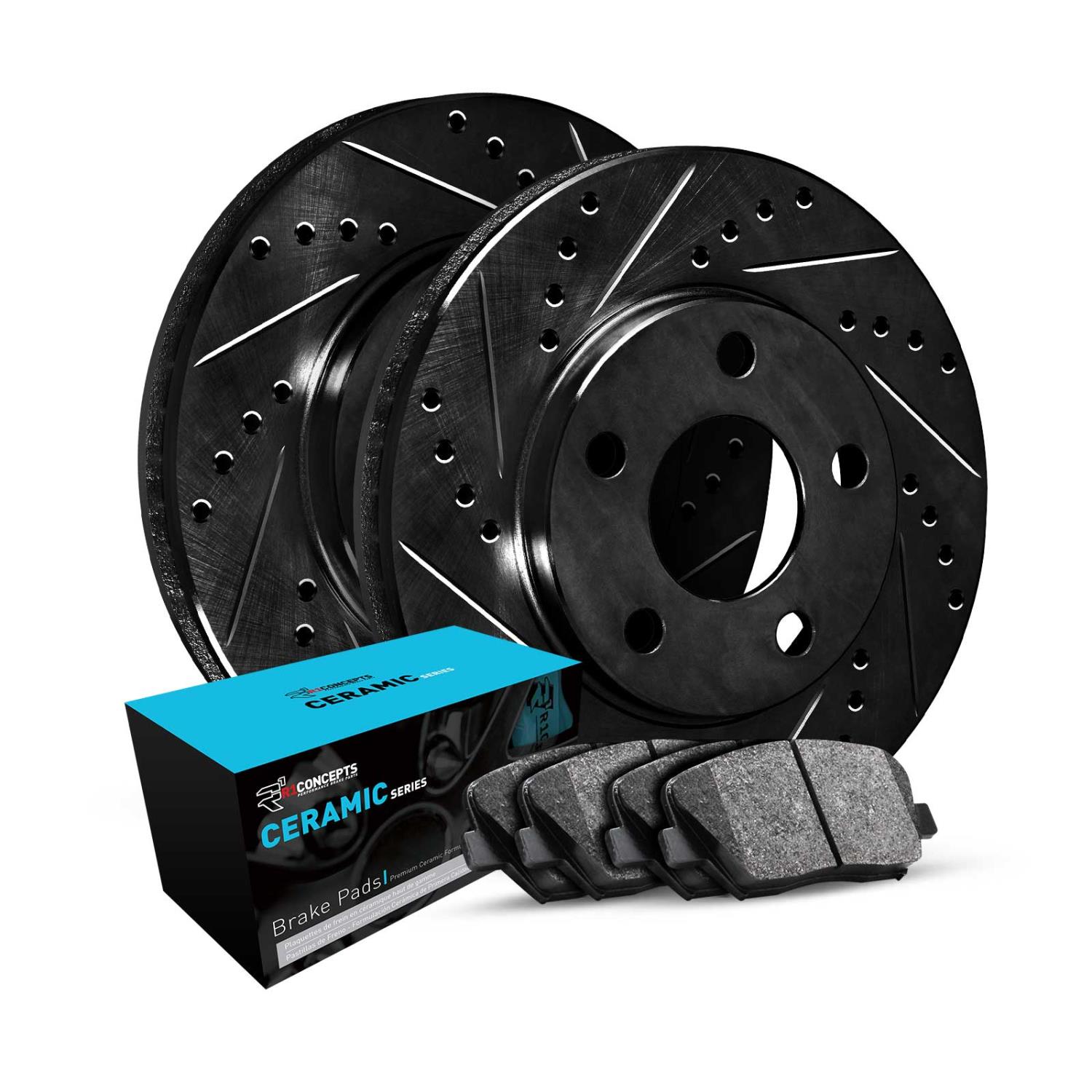 E-Line Drilled & Slotted Black Brake Rotor w/Ceramic Pads, 2004-2010 GM, Position: Front