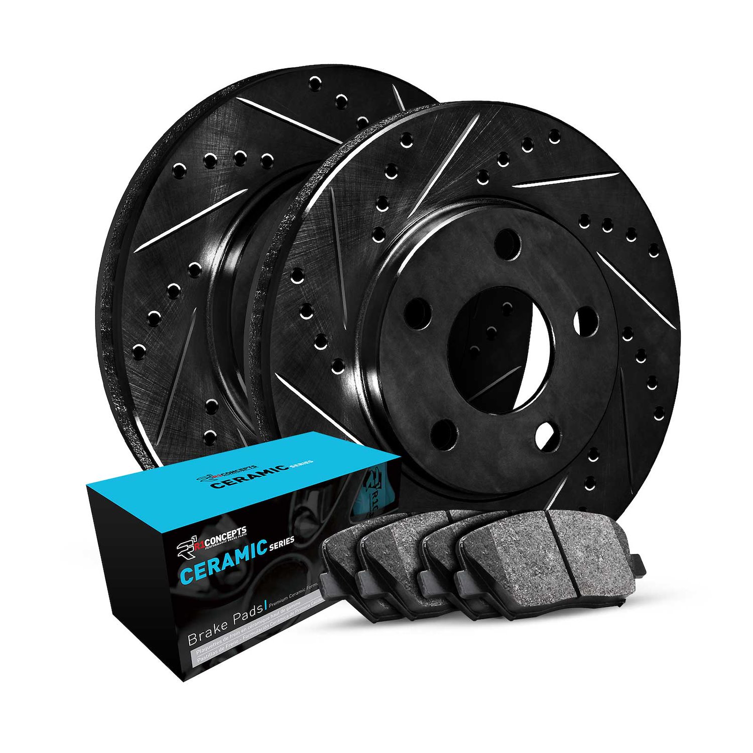 E-Line Drilled & Slotted Black Brake Rotor w/Ceramic Pads, 1973-1997 Mopar, Position: Front