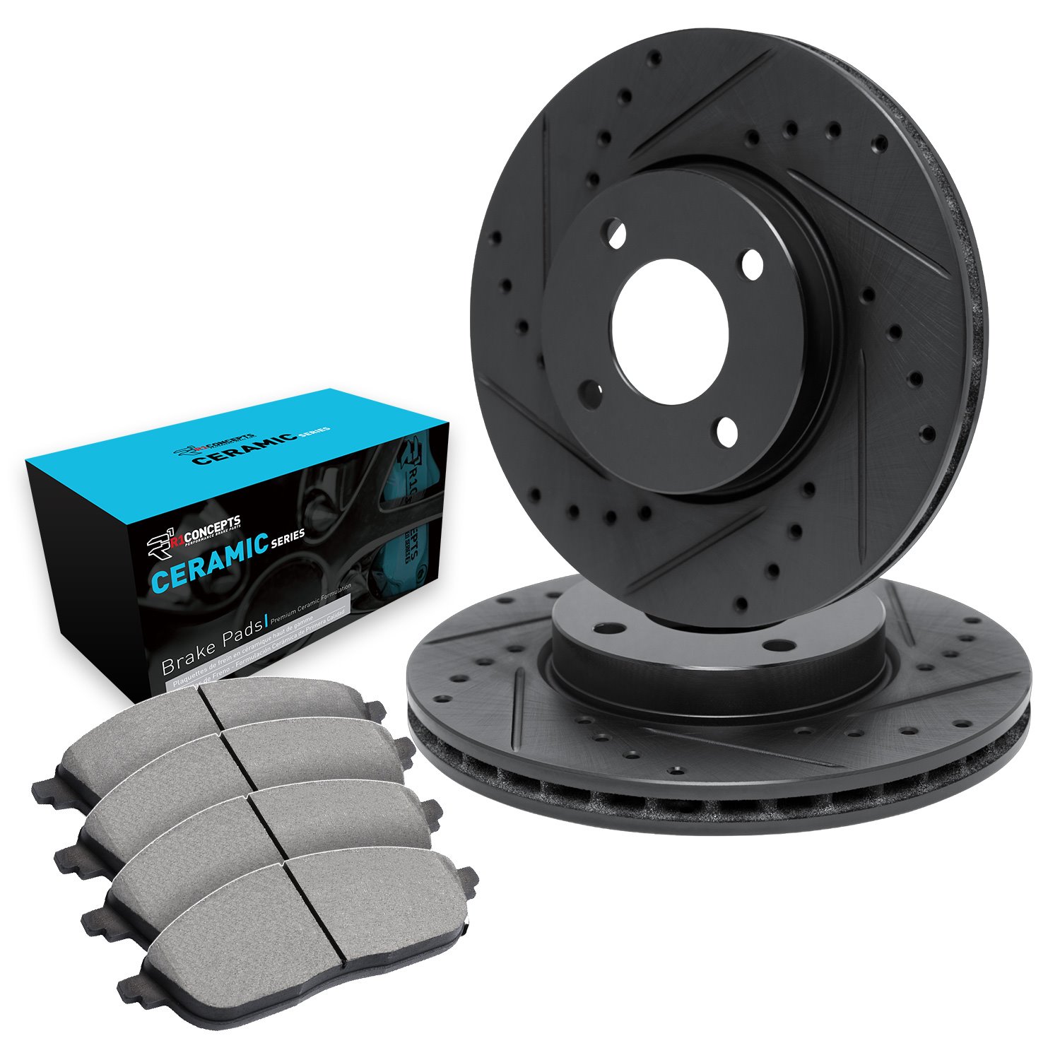 E-Line Drilled & Slotted Black Brake Rotor Set w/Ceramic Pads, 1986-1986 Infiniti/Nissan, Position: Front