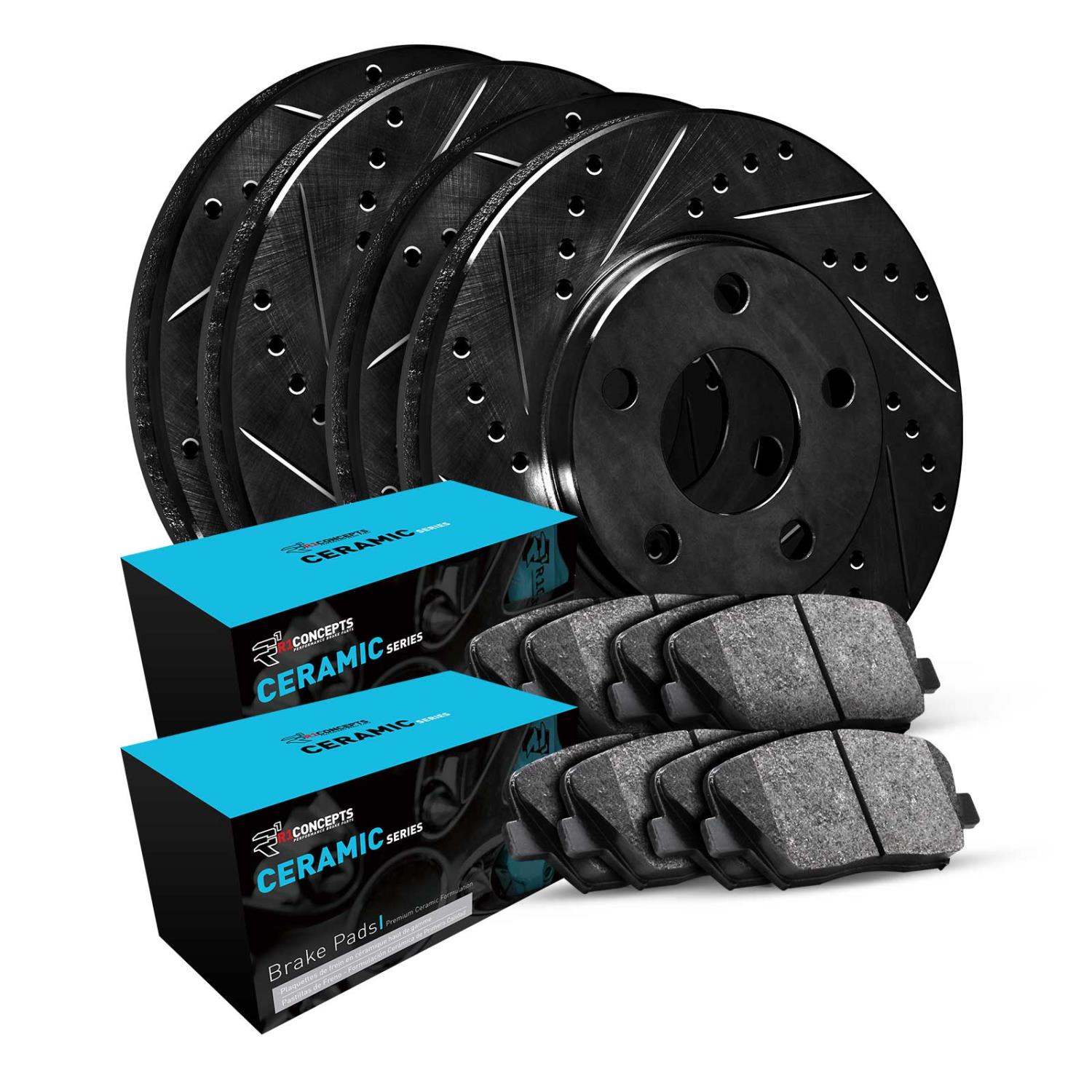 E-Line Drilled & Slotted Black Brake Rotor w/Ceramic Pads, 2001-2003 Kia/Hyundai/Genesis, Position: Front & Rear