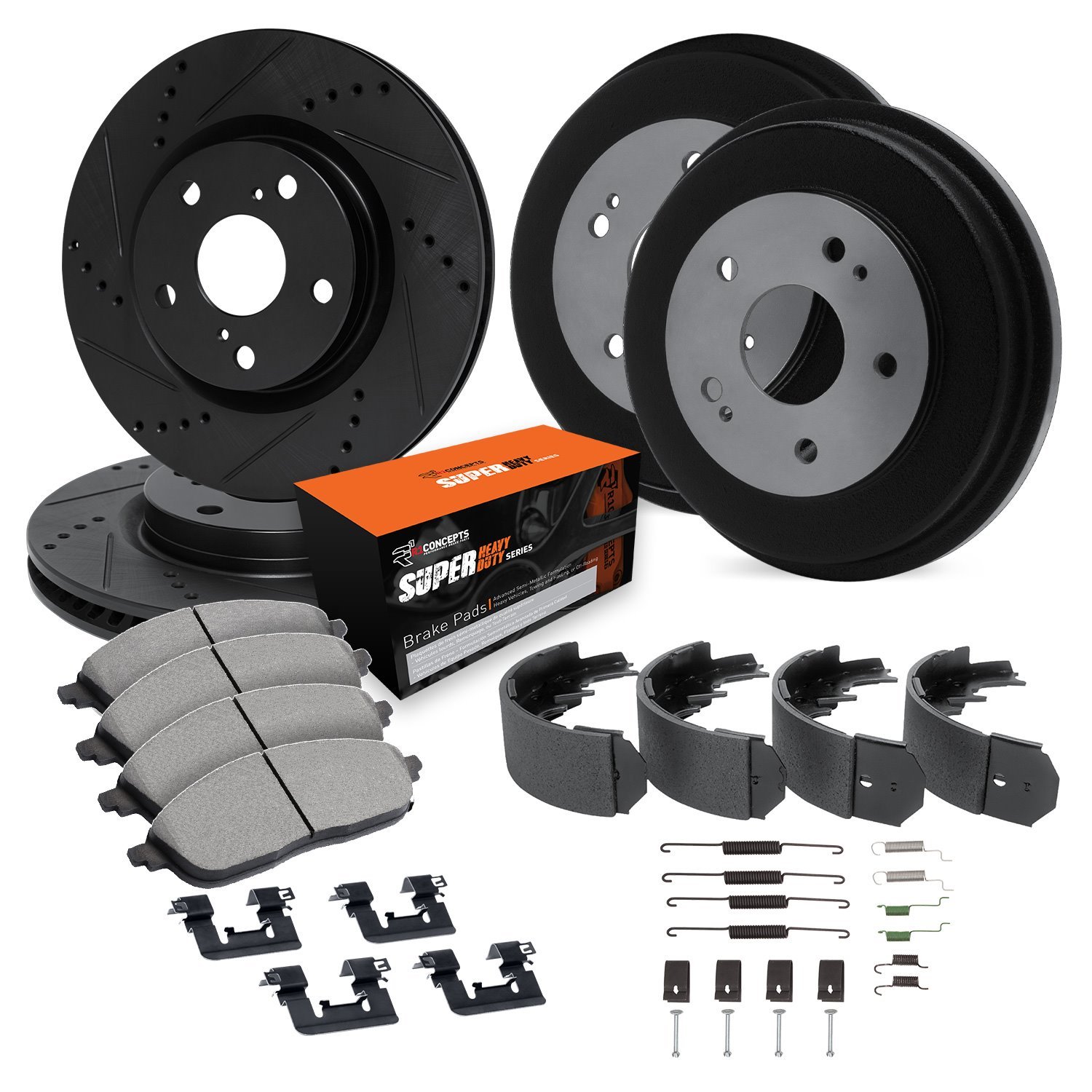 E-Line Drilled/Slotted Black Rotor & Drum Set w/Super-Duty Pads, Shoes, Hardware/Adjusters, 1994-1994 Ford/Lincoln/Mercury/Mazda