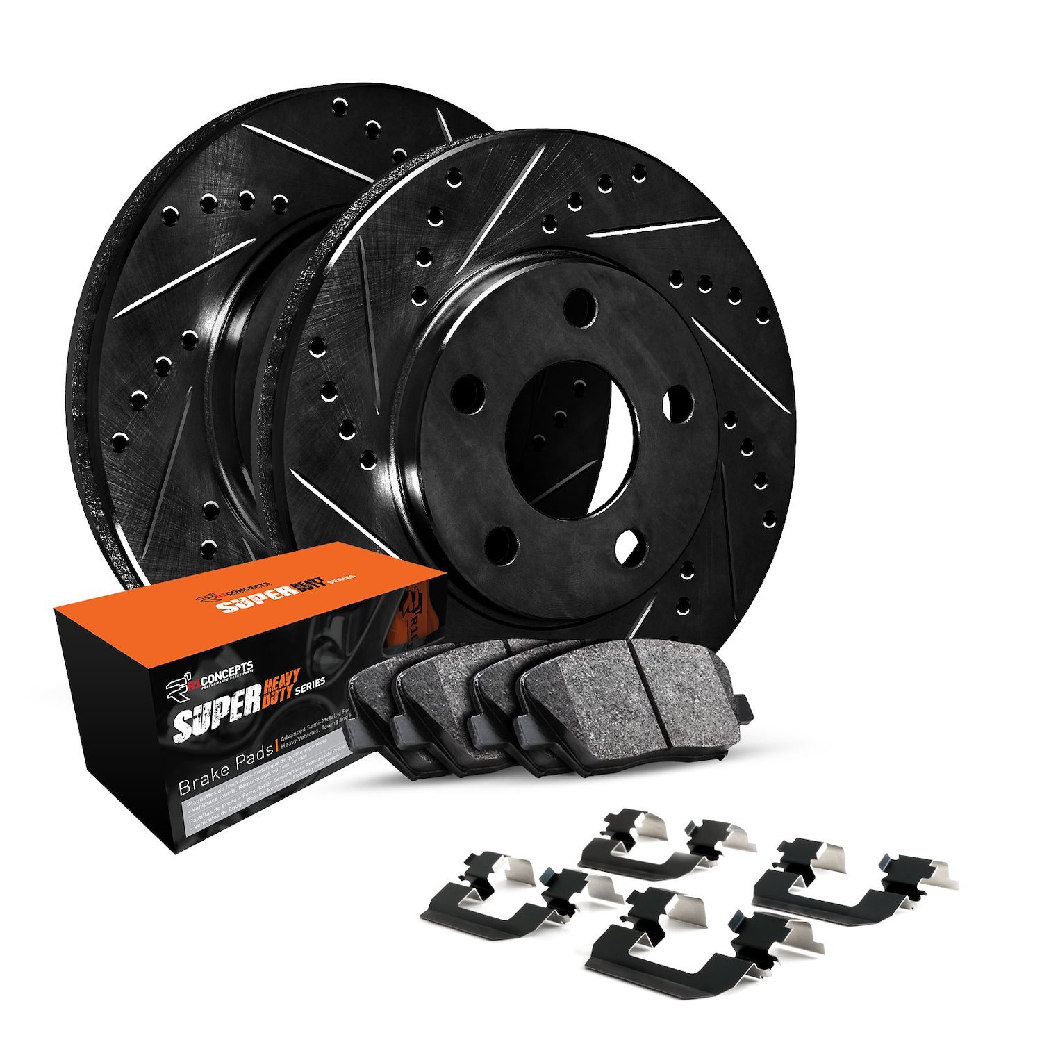 E-Line Drilled & Slotted Black Brake Rotor Set w/Super-Duty Pads & Hardware, Fits Select Mopar, Position: Rear