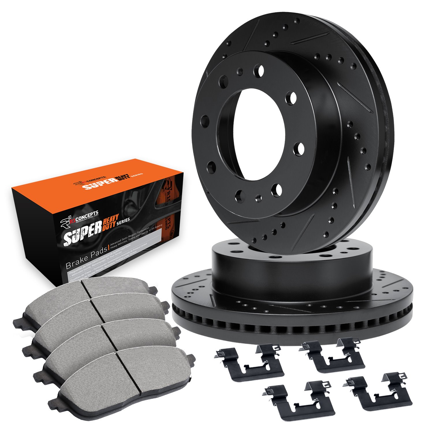 E-Line Drilled & Slotted Black Brake Rotor Set w/Super-Duty Pads & Hardware, 1999-1999 Ford/Lincoln/Mercury/Mazda