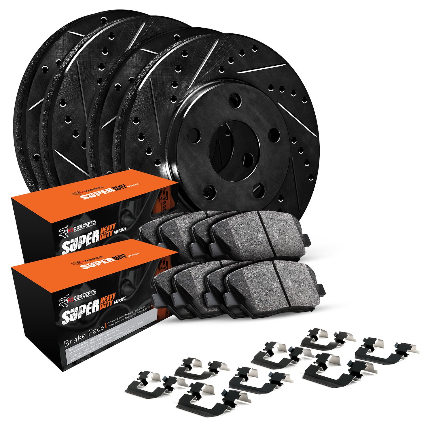 E-Line Drilled & Slotted Black Brake Rotor & Drum Set w/Super-Duty Pads, Shoes, & Hardware, 1977-1991 GM, Position: Front & Rear