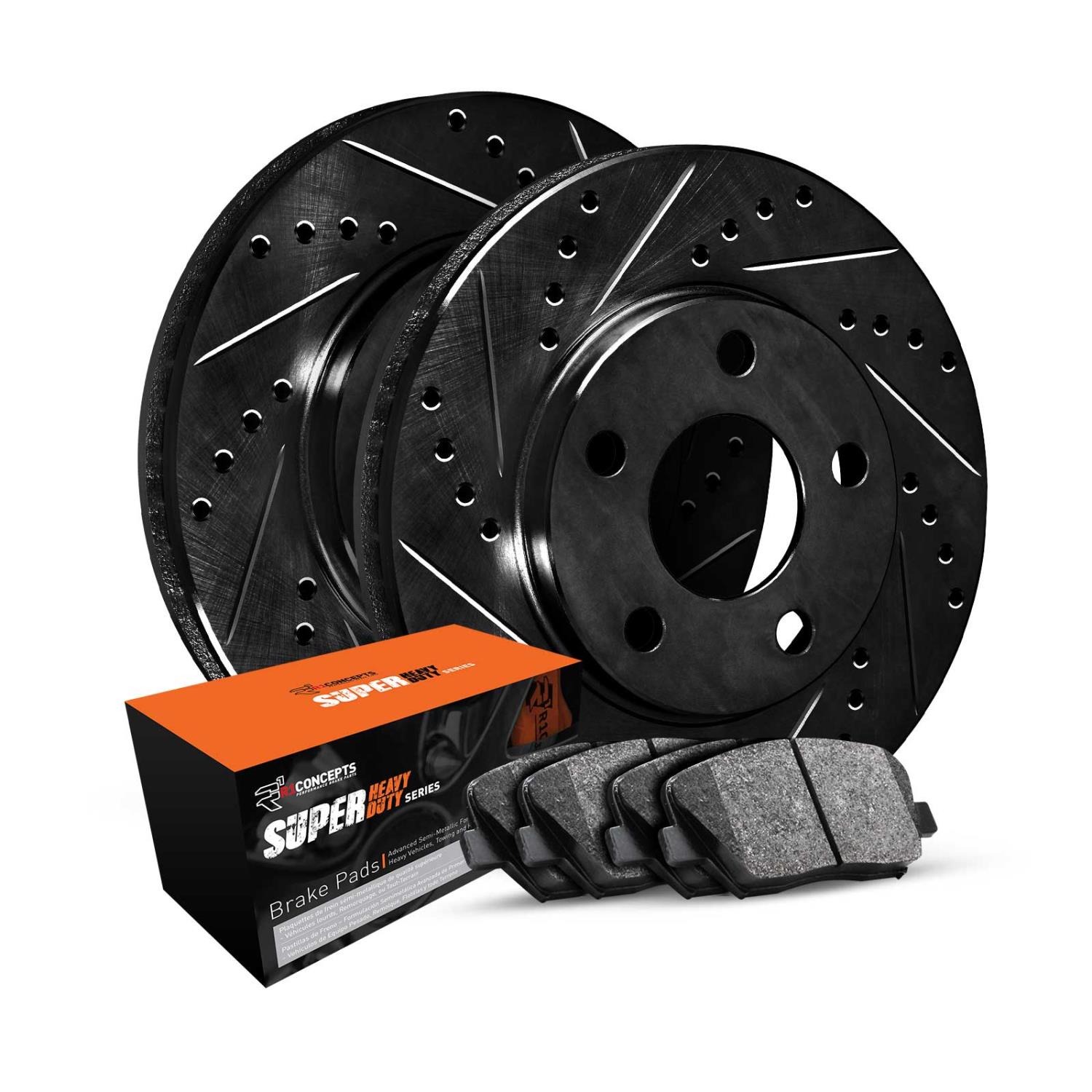 E-Line Drilled & Slotted Black Brake Rotor Set w/Super-Duty Pads, 2005-2012 Ford/Lincoln/Mercury/Mazda, Position: Rear