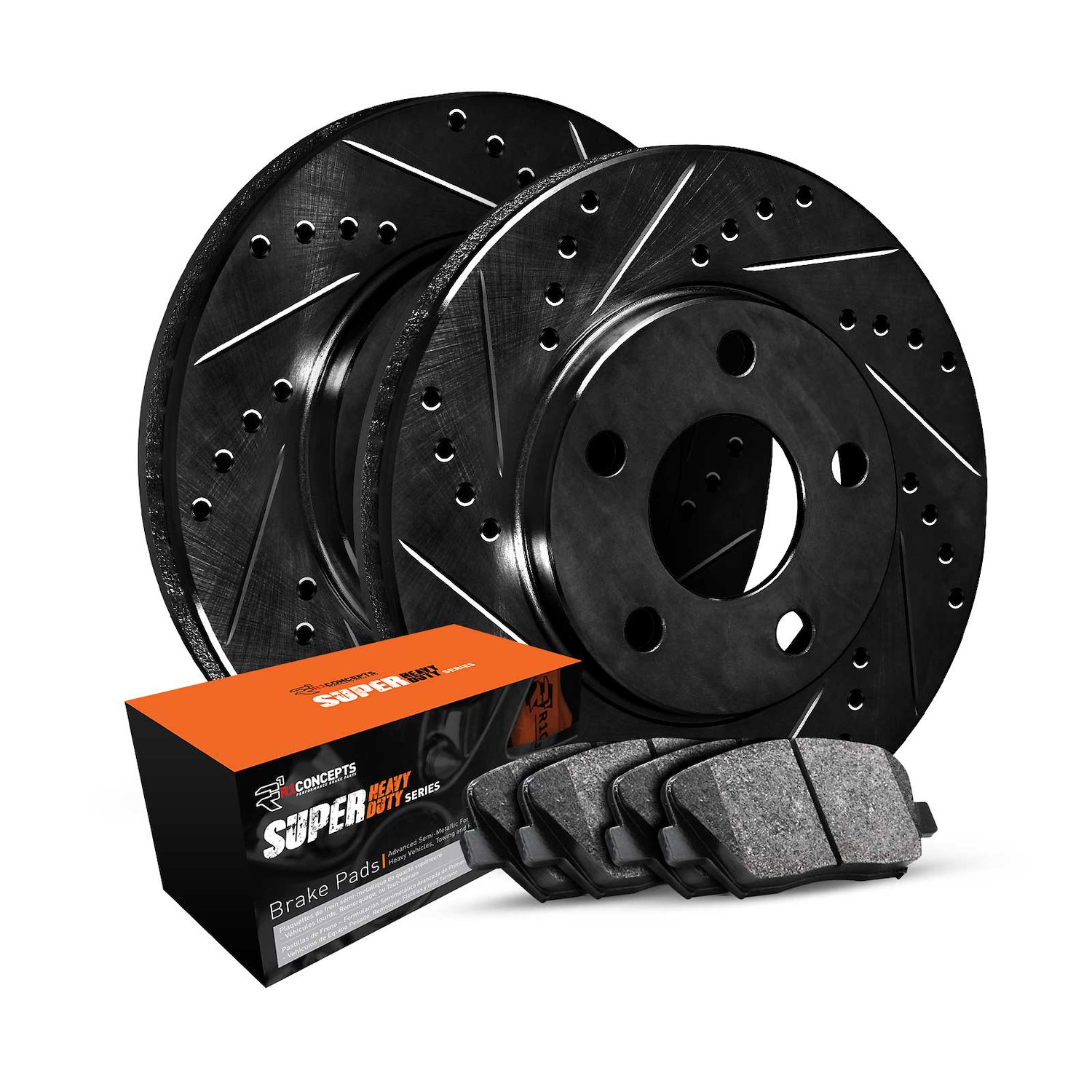 E-Line Drilled & Slotted Black Brake Rotor Set w/Super-Duty Pads, 1996-2006 GM, Position: Rear