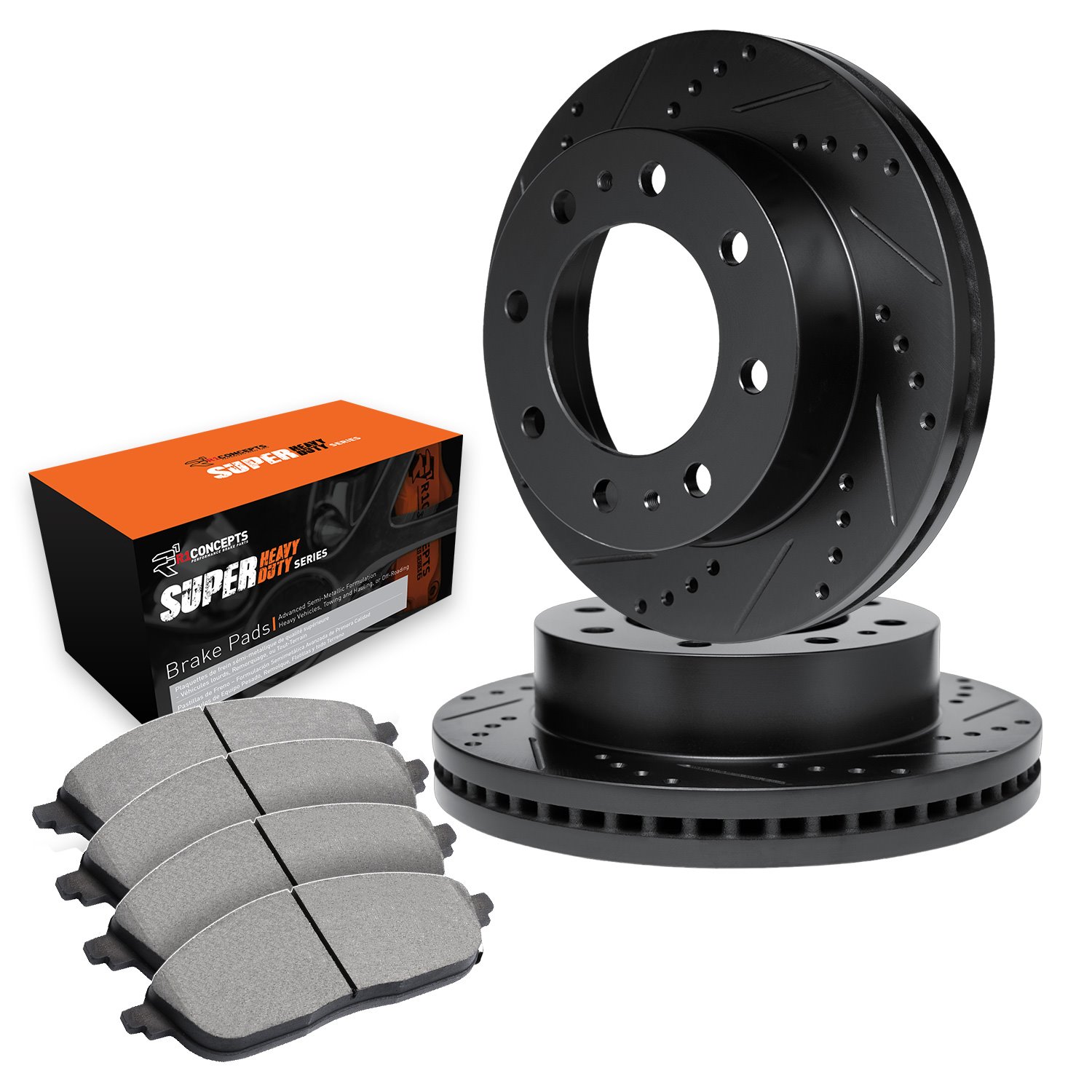 E-Line Drilled & Slotted Black Brake Rotor Set w/Super-Duty Pads, 1999-1999 Ford/Lincoln/Mercury/Mazda, Position: Front