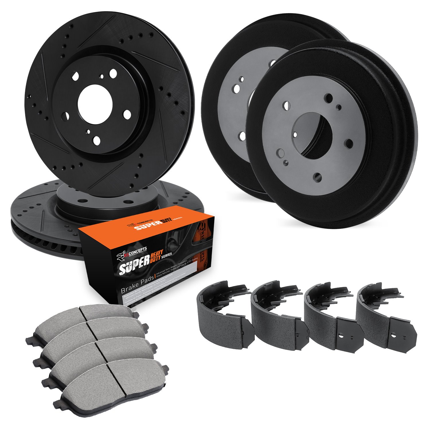 E-Line Drilled & Slotted Black Brake Rotor & Drum Set w/Super-Duty Pads & Shoes, 1994-1995 Ford/Lincoln/Mercury/Mazda