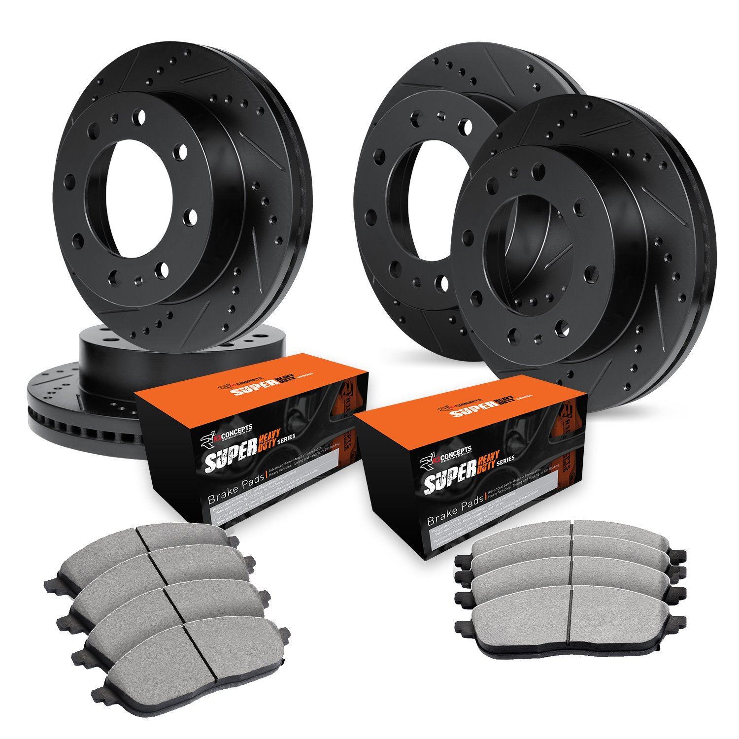 E-Line Drilled & Slotted Black Brake Rotor Set w/Super-Duty Pads, 1999-2000 Ford/Lincoln/Mercury/Mazda, Position: Front & Rear