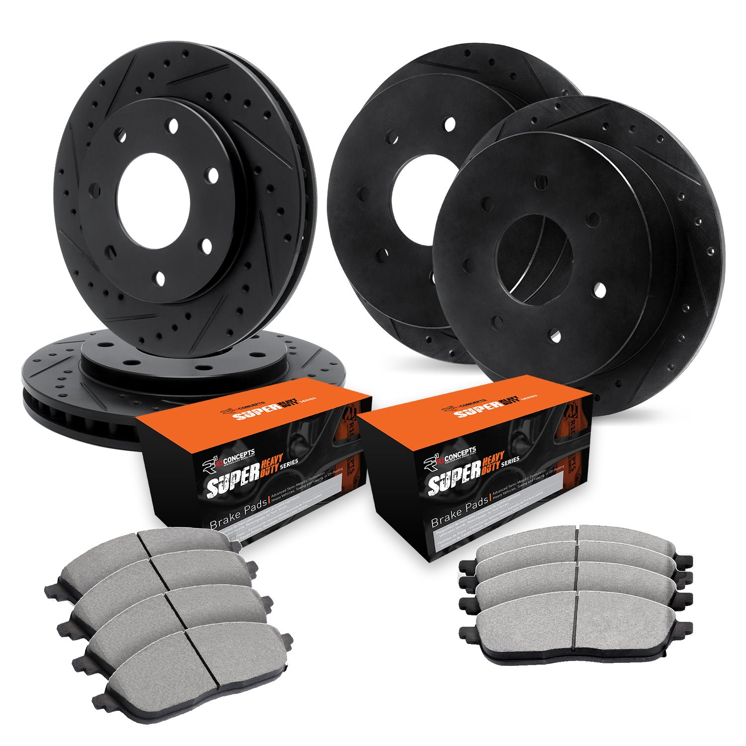 E-Line Drilled & Slotted Black Brake Rotor Set w/Super-Duty Pads, 1997-2002 Ford/Lincoln/Mercury/Mazda, Position: Front & Rear