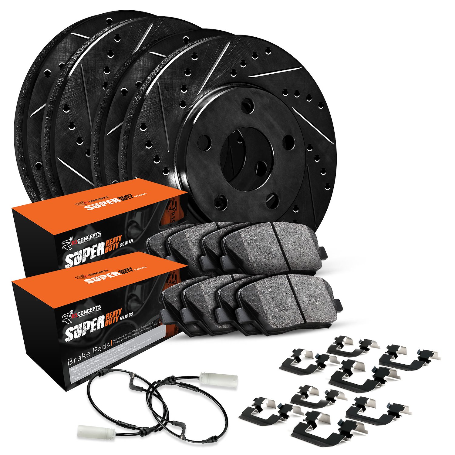 E-Line Drilled & Slotted Black Brake Rotor Set w/Super-Duty Pads, Sensor, & Hardware, 2006-2006 Mopar, Position: Front & Rear