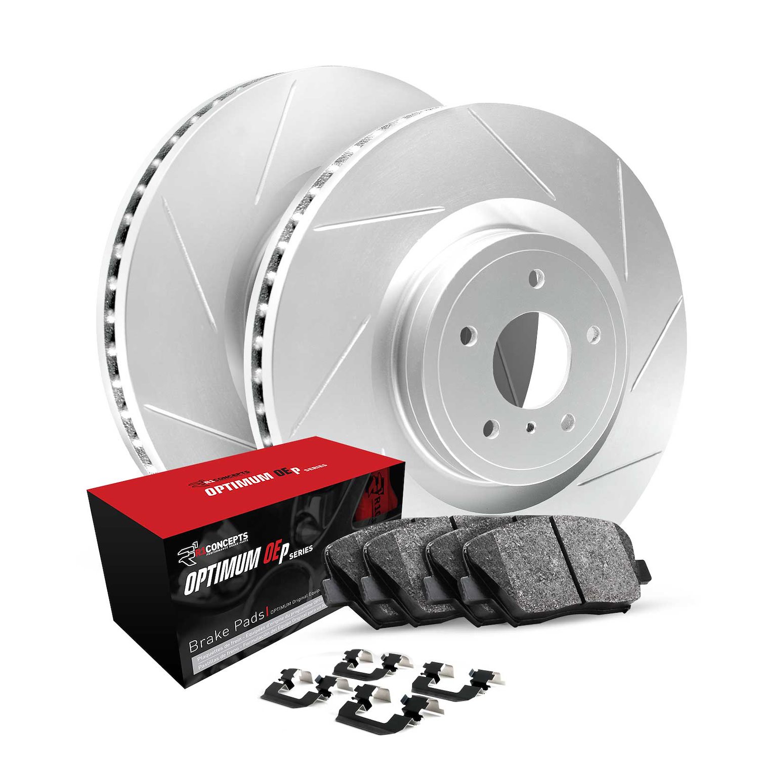 GEO-Carbon Slotted Brake Rotor Set w/Optimum OE Pads & Hardware, Fits Select Land Rover, Position: Rear