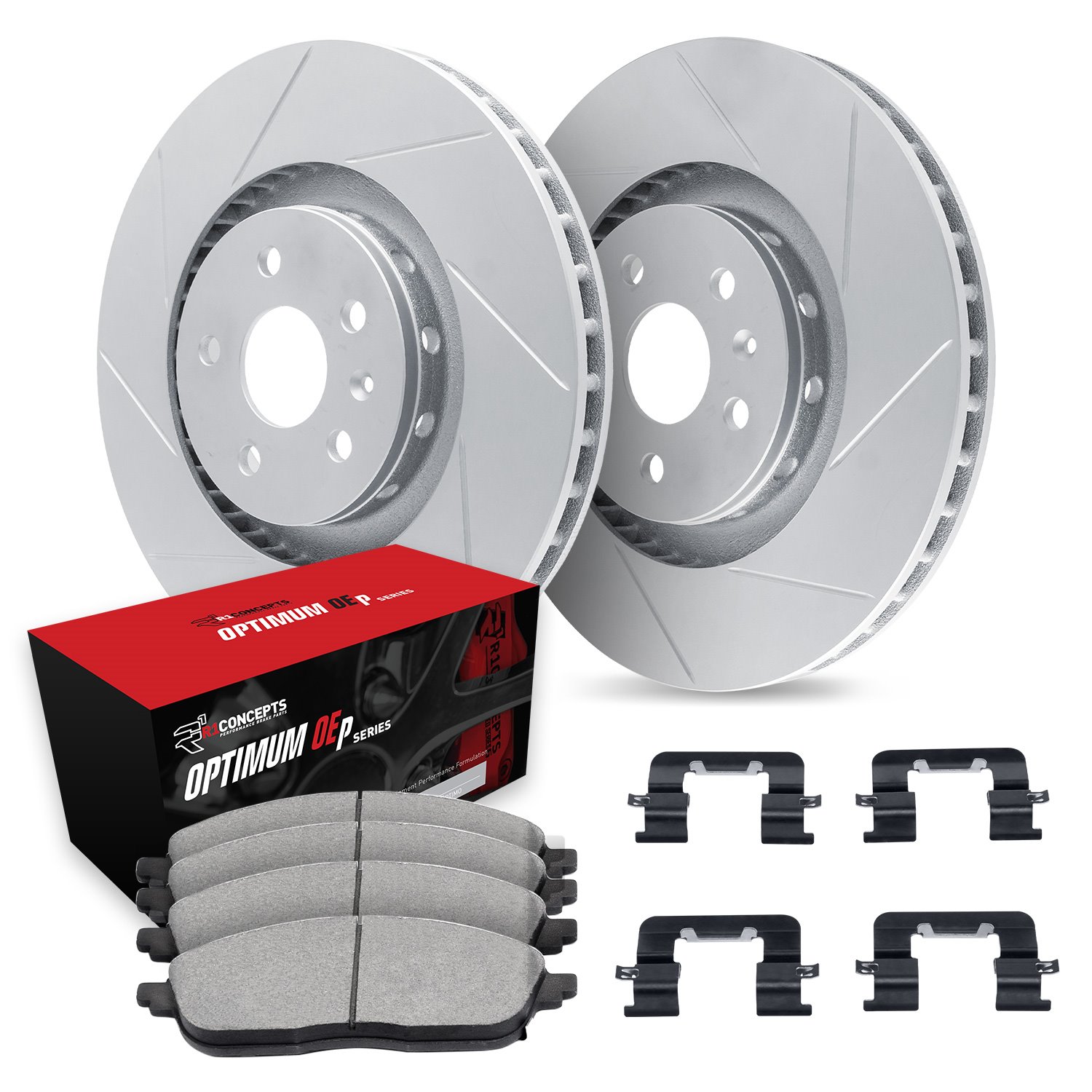 GEO-Carbon Slotted Brake Rotor Set w/Optimum OE Pads & Hardware, Fits Select GM, Position: Rear