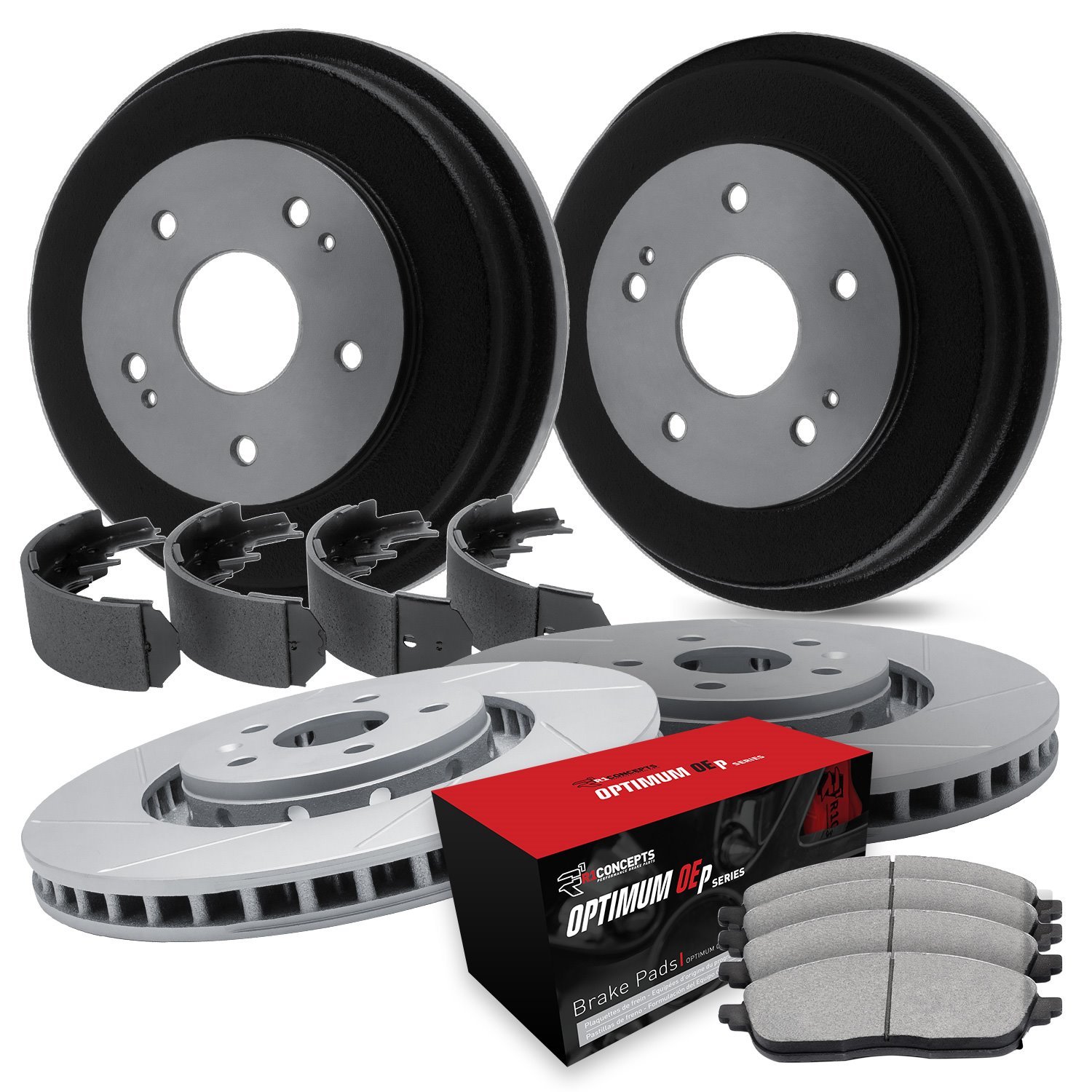 GEO-Carbon Slotted Brake Rotor & Drum Set w/Optimum OE Pads & Shoes, 1998-2003 Lexus/Toyota/Scion, Position: Front & Rear