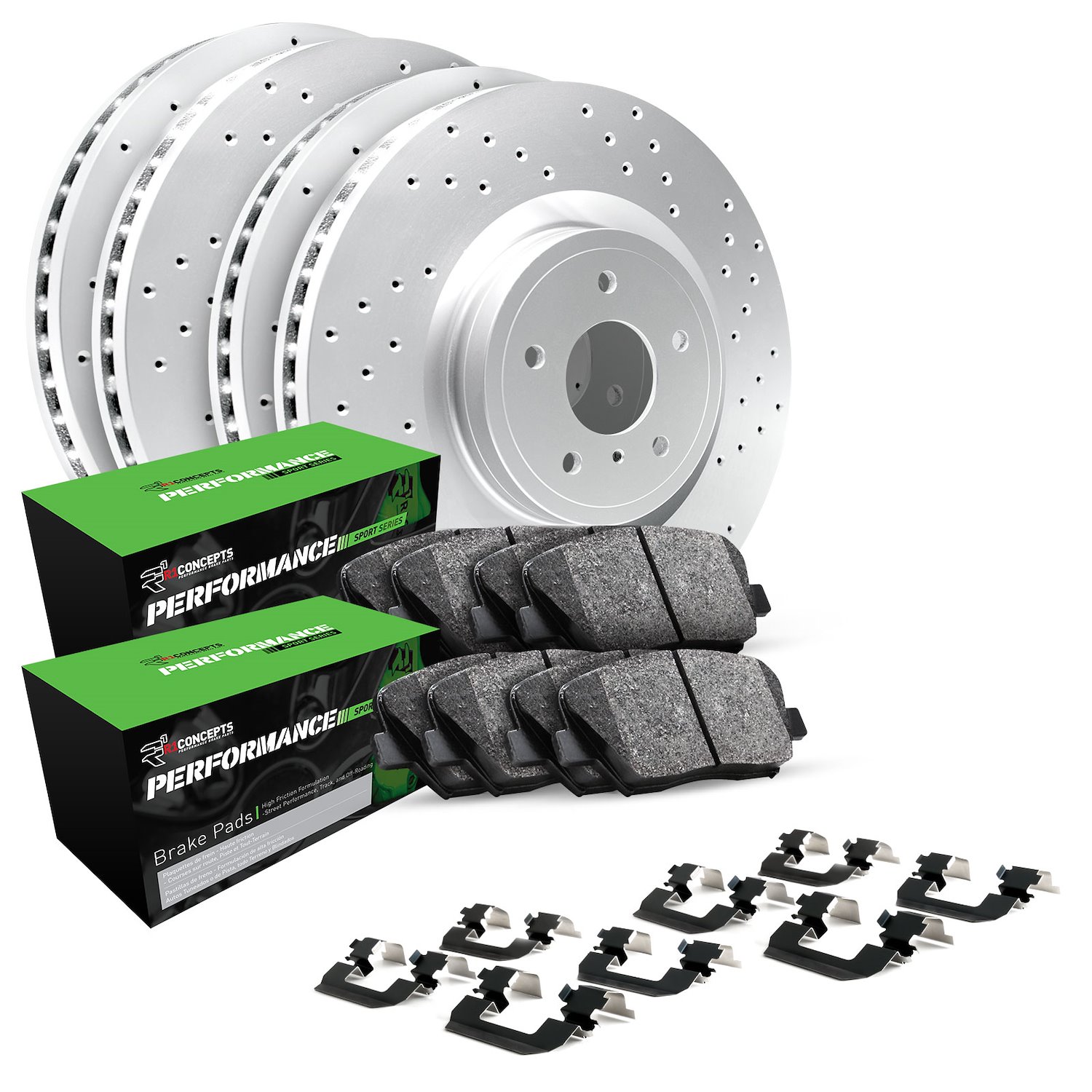 GEO-Carbon Drilled Brake Rotor Set w/Performance Sport Pads & Hardware, 2007-2014 Suzuki, Position: Front & Rear