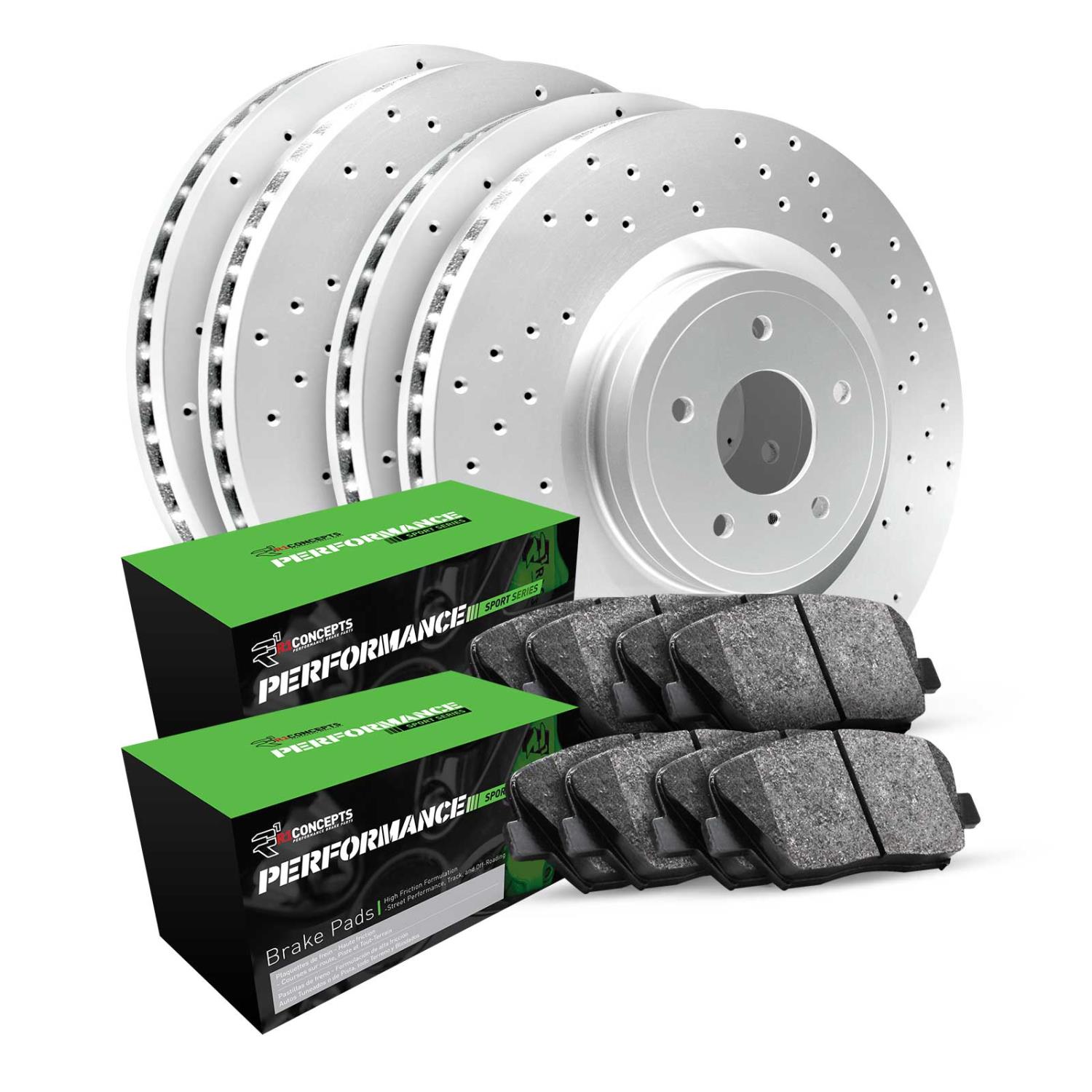 GEO-Carbon Drilled Brake Rotor Set w/Performance Sport Pads, 2000-2009 Audi/Porsche/Volkswagen, Position: Front & Rear