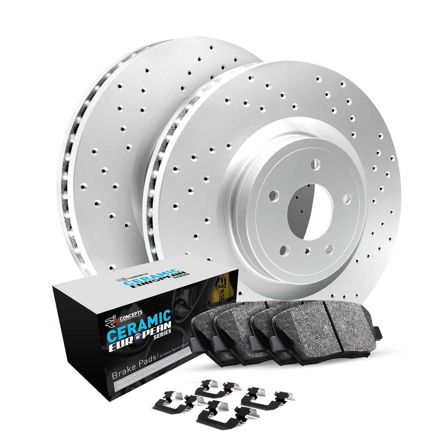 GEO-Carbon Drilled Brake Rotor Set w/Euro Ceramic Pads & Hardware, 1999-2004 Land Rover, Position: Front