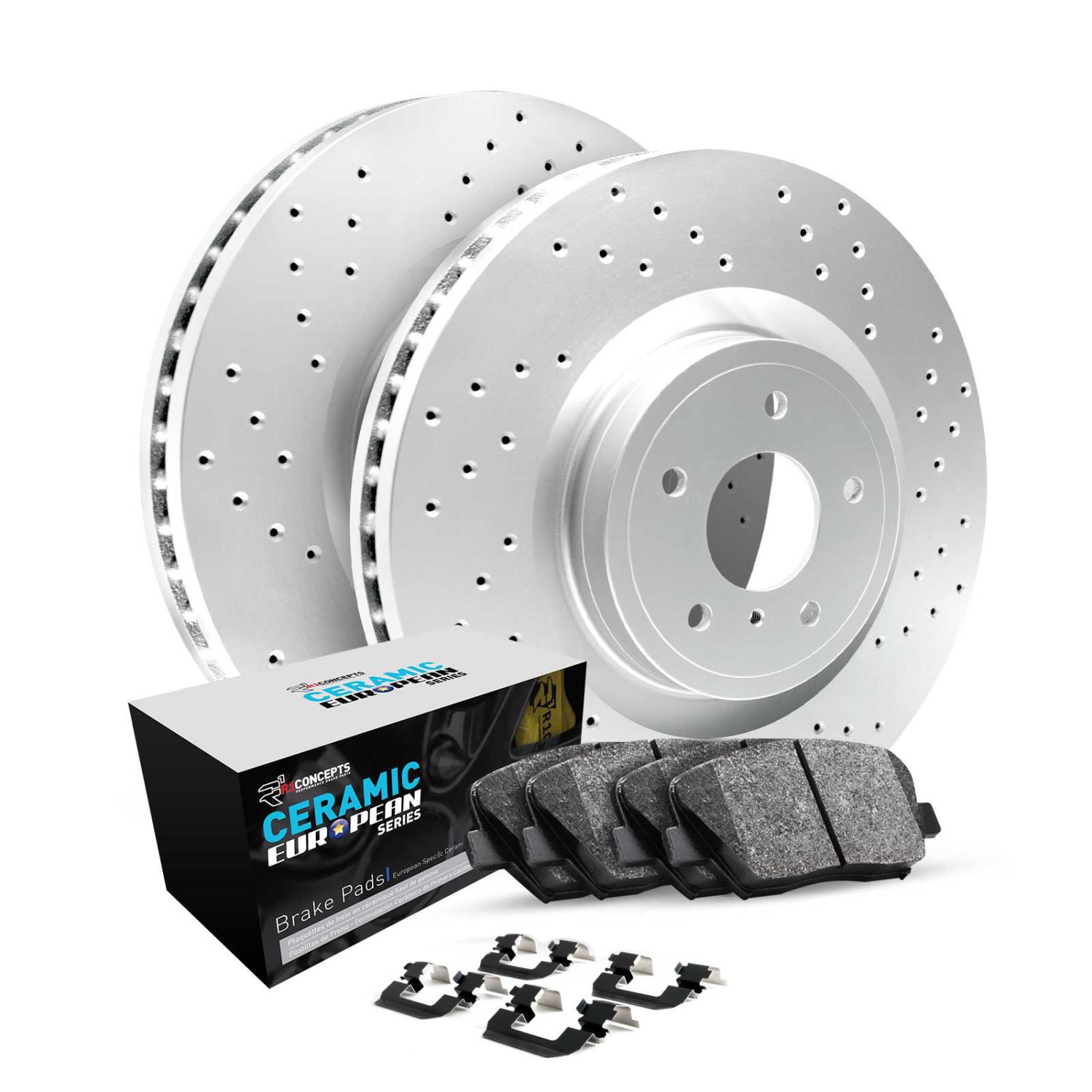 GEO-Carbon Drilled Brake Rotor Set w/Euro Ceramic Pads & Hardware, 2006-2015 Ford/Lincoln/Mercury/Mazda, Position: Rear
