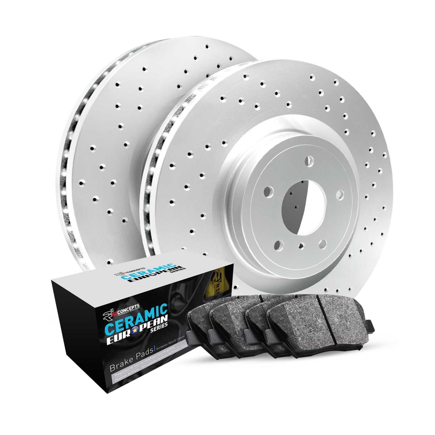 GEO-Carbon Drilled Brake Rotor Set w/Euro Ceramic Pads, 2014-2019 Mopar, Position: Front