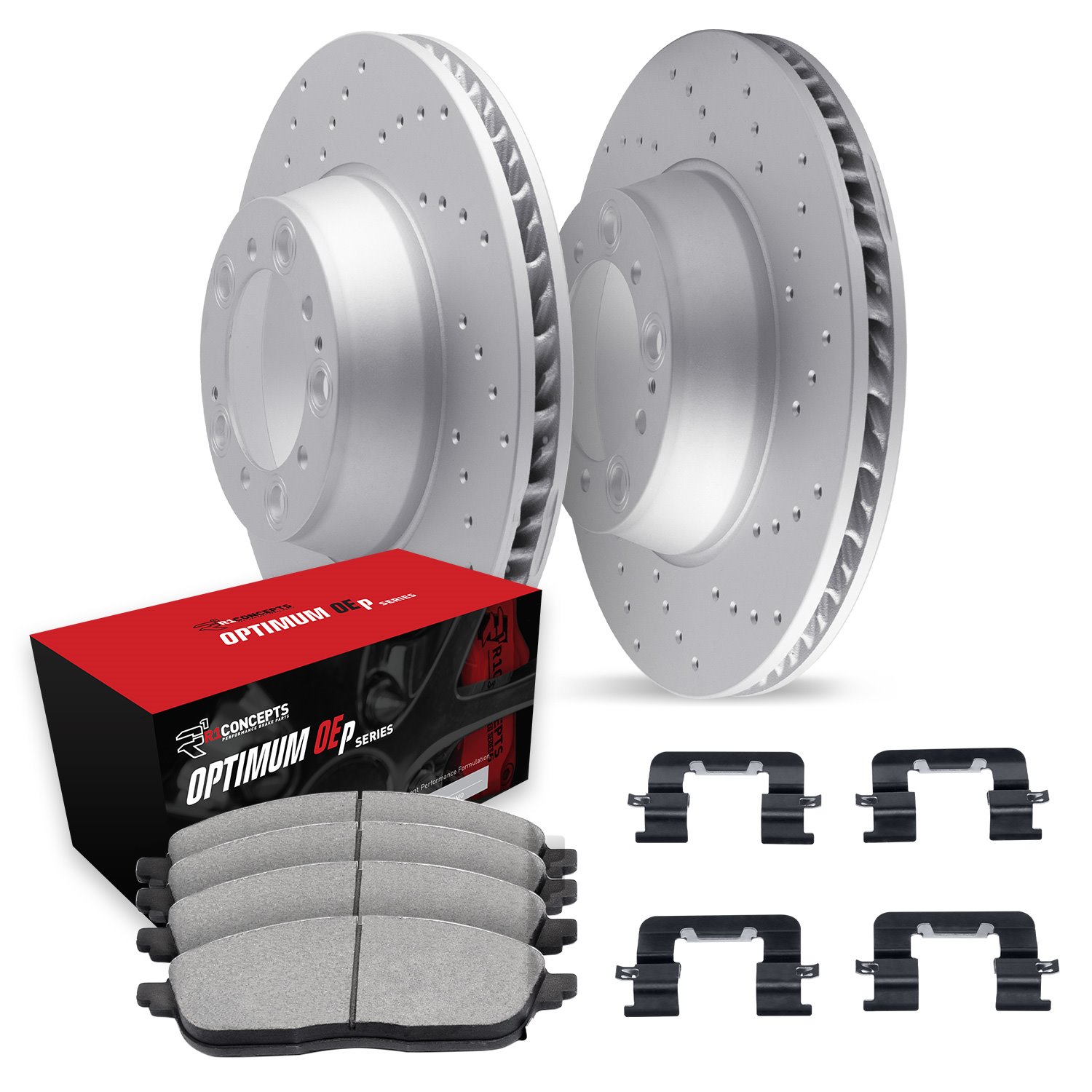 GEO-Carbon Drilled Brake Rotor Set w/Optimum OE Pads & Hardware, Fits Select Audi/Porsche/Volkswagen, Position: Front