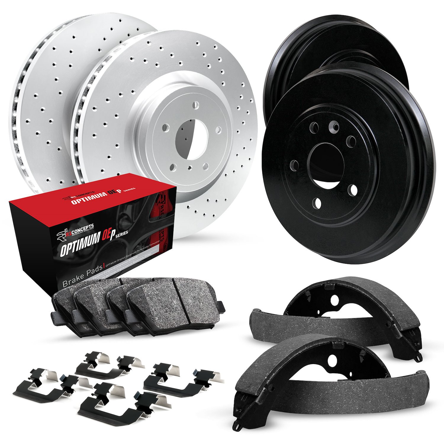 GEO-Carbon Drilled Brake Rotor & Drum Set w/Optimum OE Pads, Shoes, & Hardware, 1991-1995 Mopar, Position: Front & Rear