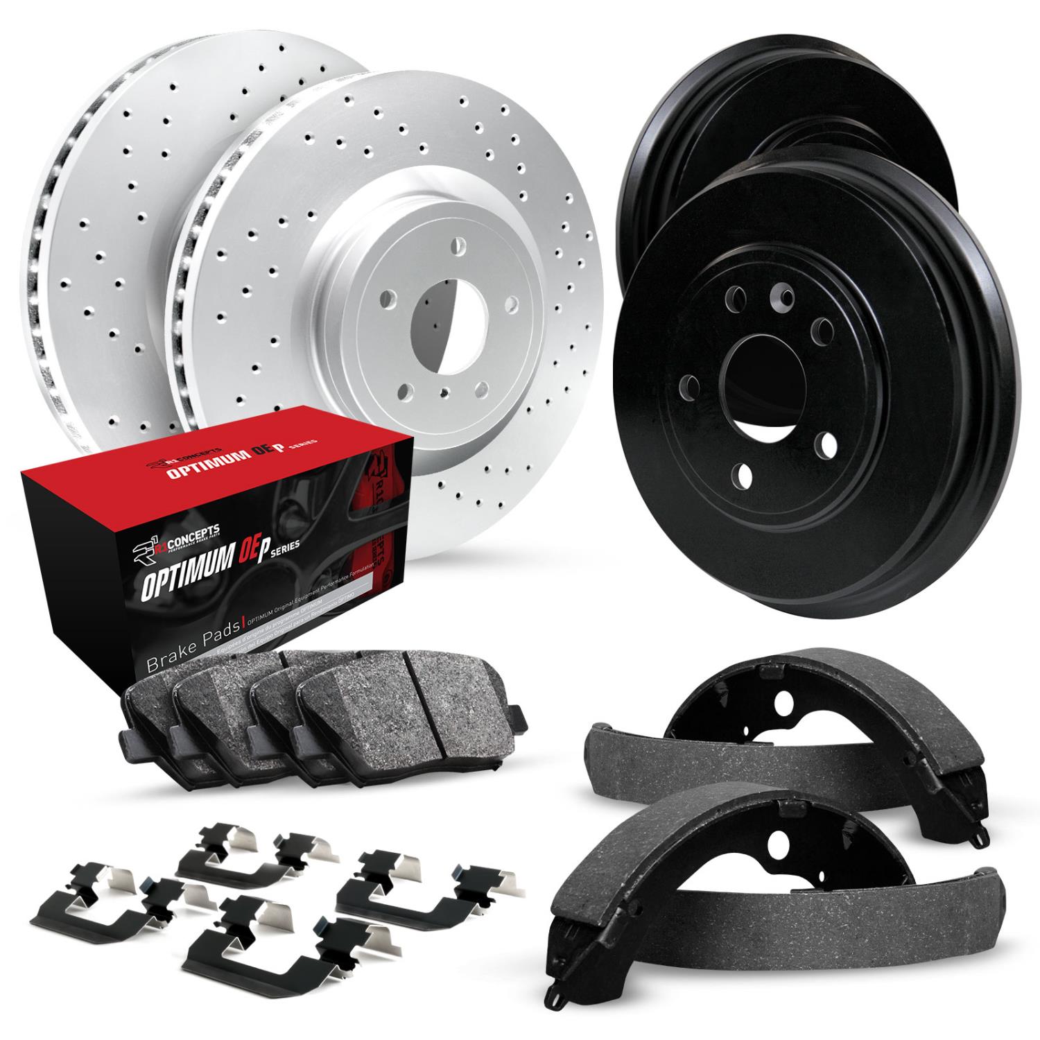 GEO-Carbon Drilled Brake Rotor & Drum Set w/Optimum OE Pads, Shoes, & Hardware, 1980-1985 Ford/Lincoln/Mercury/Mazda