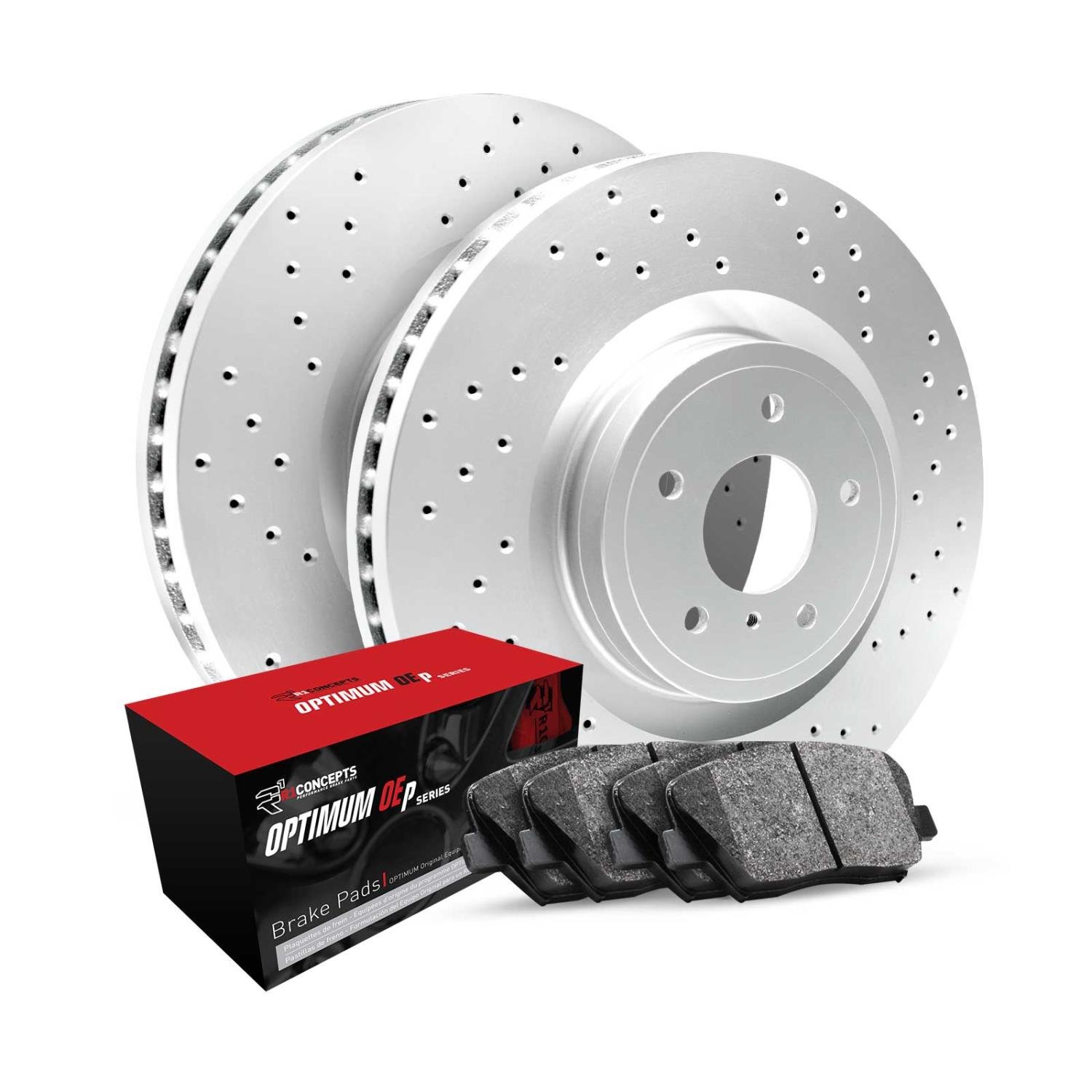 GEO-Carbon Drilled Brake Rotor Set w/Optimum OE Pads, 1999-2008 GM, Position: Front