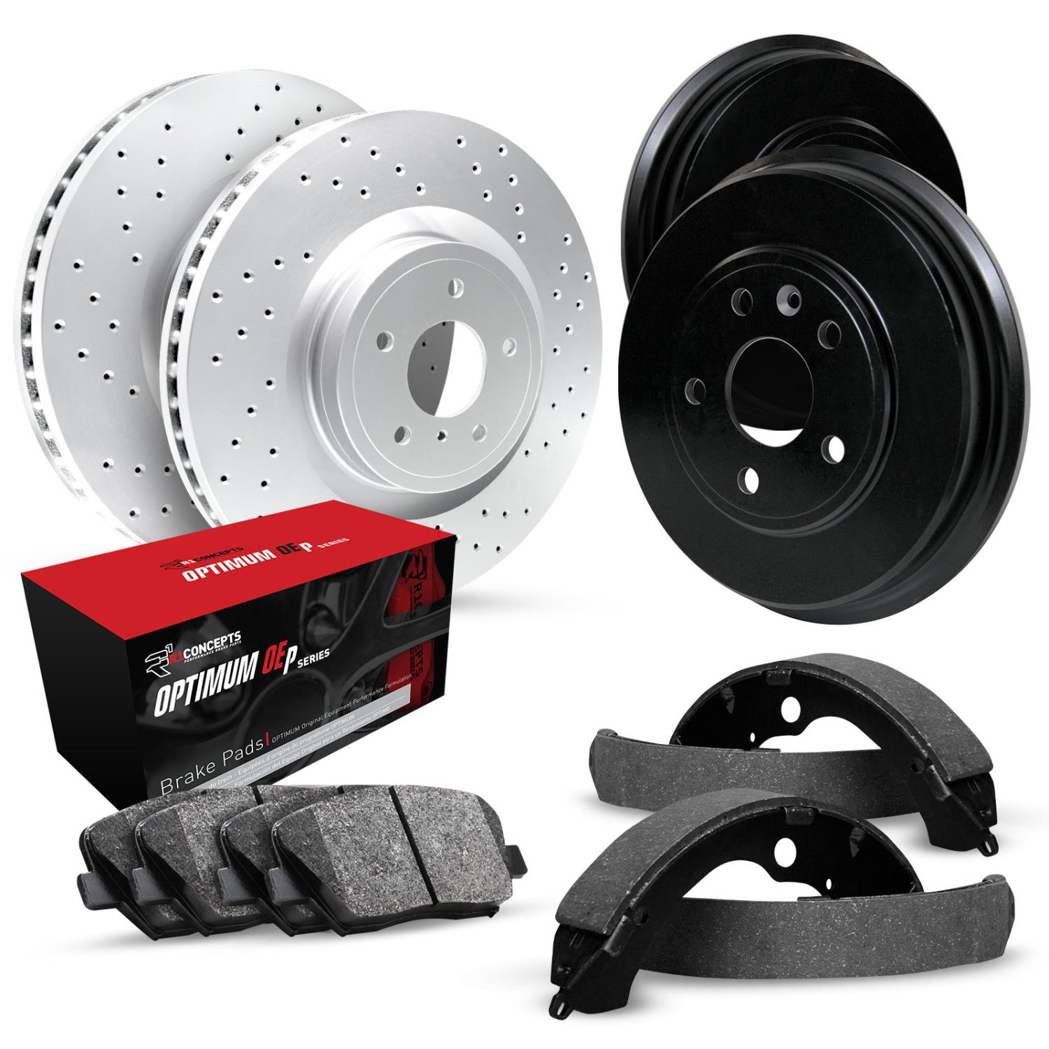 GEO-Carbon Drilled Brake Rotor & Drum Set w/Optimum OE Pads & Shoes, 1969-1974 GM, Position: Front & Rear