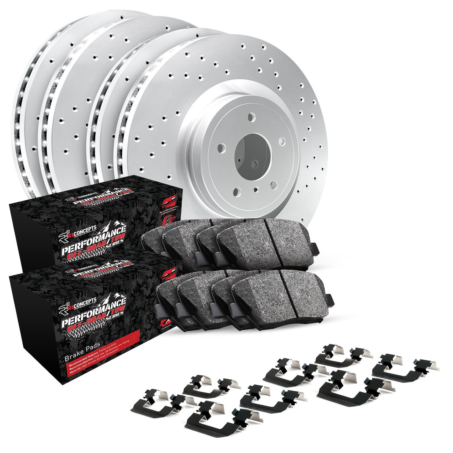 GEO-Carbon Drilled Brake Rotor Set w/Performance Off-Road/Tow Pads & Hardware, 2003-2008 Mopar, Position: Front & Rear