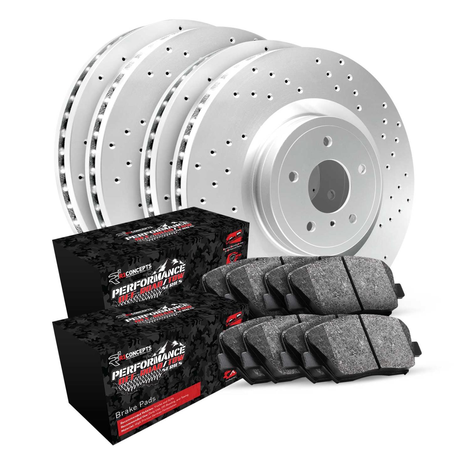 GEO-Carbon Drilled Brake Rotor Set w/Performance Off-Road/Tow Pads, 2006-2018 Mopar, Position: Front & Rear