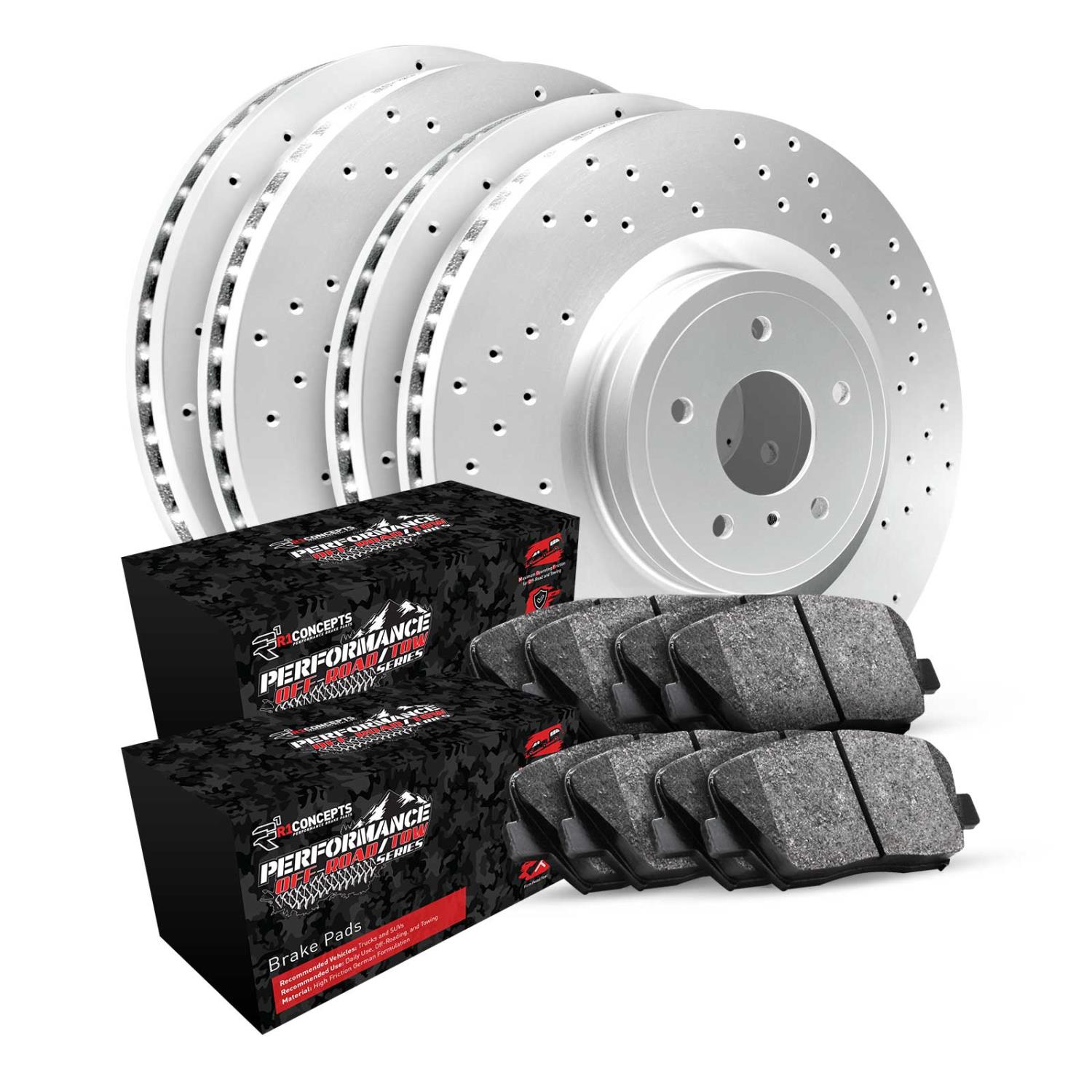 GEO-Carbon Drilled Brake Rotor Set w/Performance Off-Road/Tow Pads, 2003-2008 Mopar, Position: Front & Rear