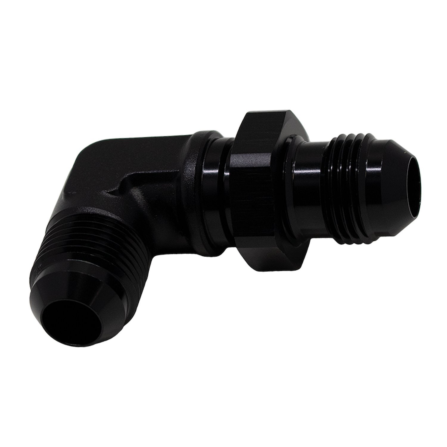 6020711B 8AN Male Flare to 8AN Male Flare Bulkhead Adapter 90-Degree (Incl Nut) Anodized Matte Black