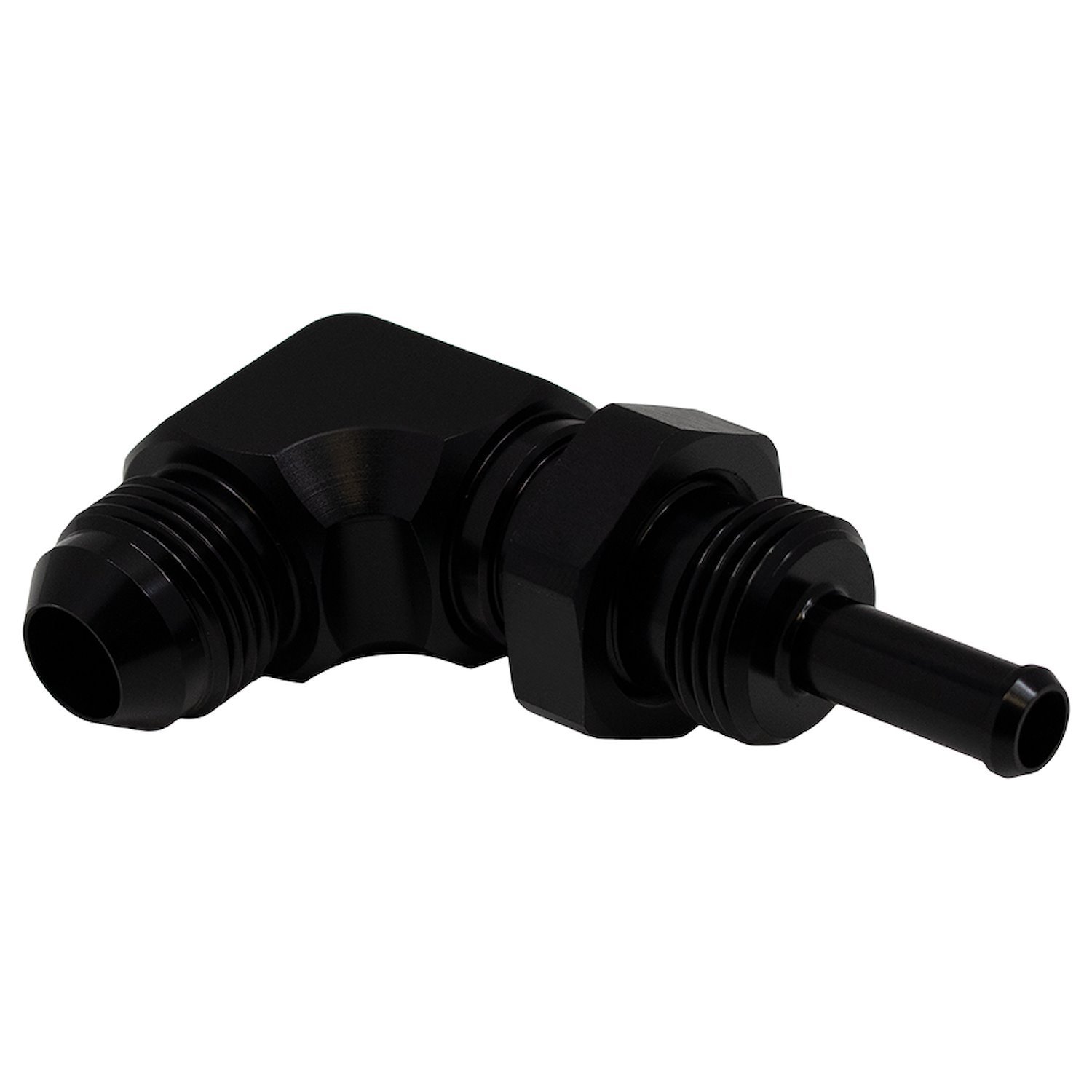 6020713B 8AN Male Flare to 5/16 Inch Male Barb Bulkhead Adapter 90-Degree (Incl Nut) Anodized Matte Black