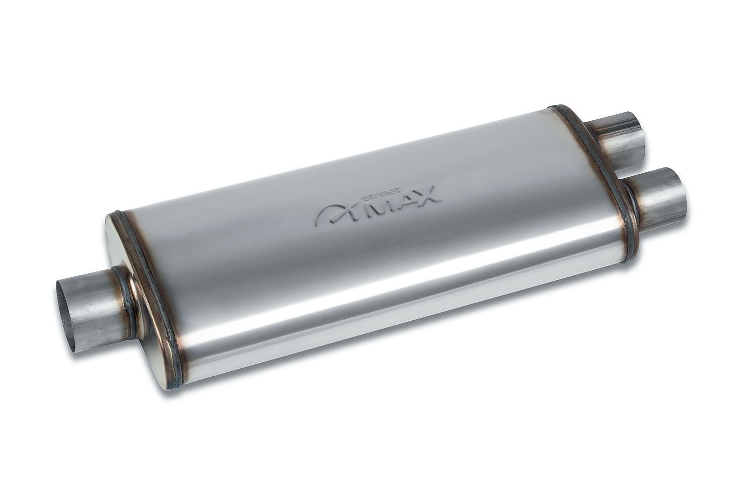 Street-Series Street Max Muffler, Straight-Through, Inlet/Outlet: 3 in./2.500 in., Center In/Dual Out [Natural Finish]