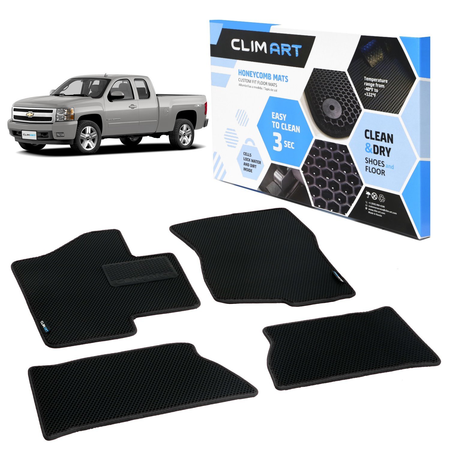 CLIM ART Honeycomb Custom Fit Floor Mats for 2007-2013 Chevrolet Silverado/GMC Sierra 1500 Extended Cab